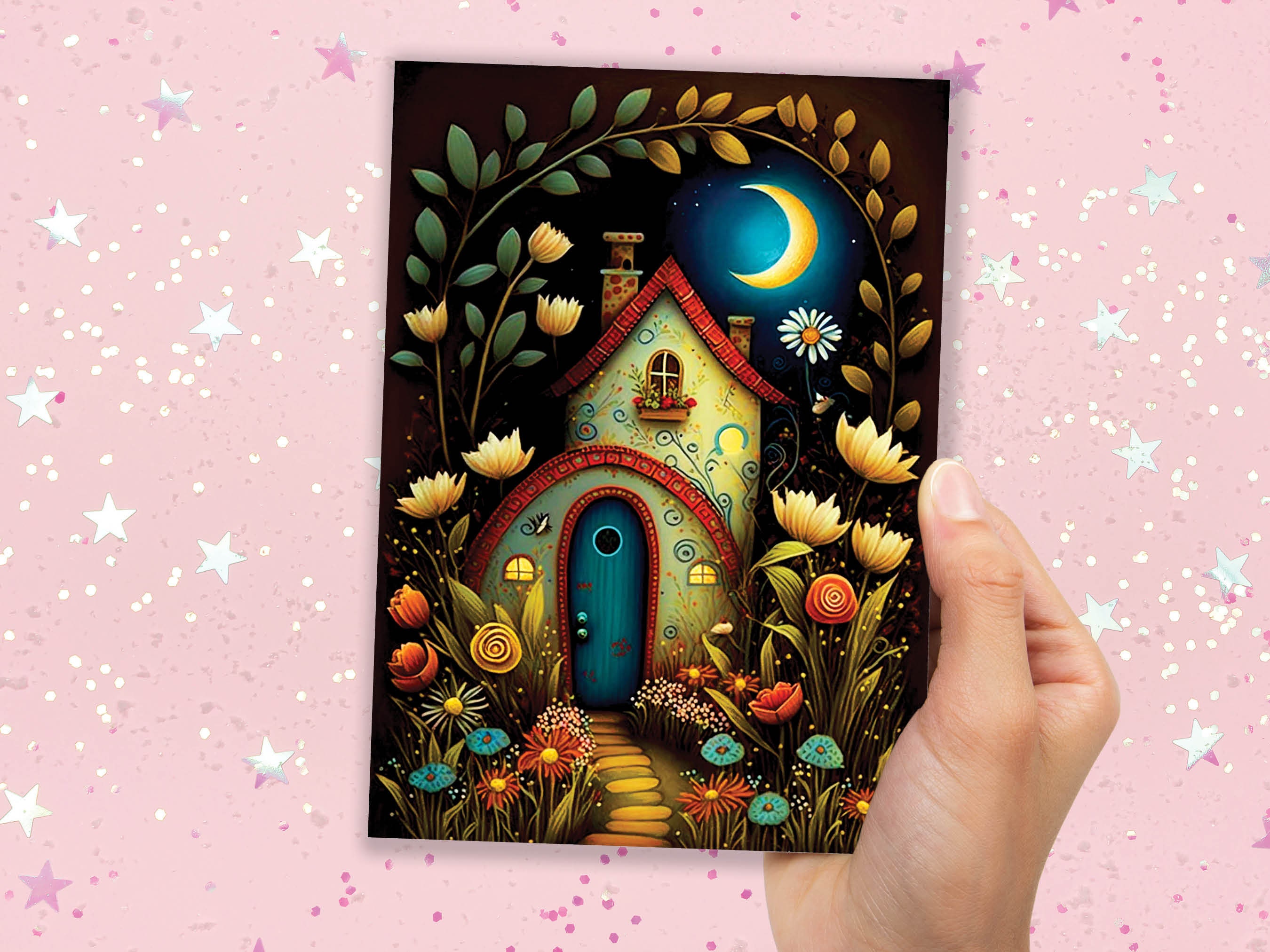 Whimsical Fairy Garden Card Magical Enchanted Folk Art Moving New House Home Housewarming Congrats Night Scene Pagan Moon Folklore Fairytale - View 5