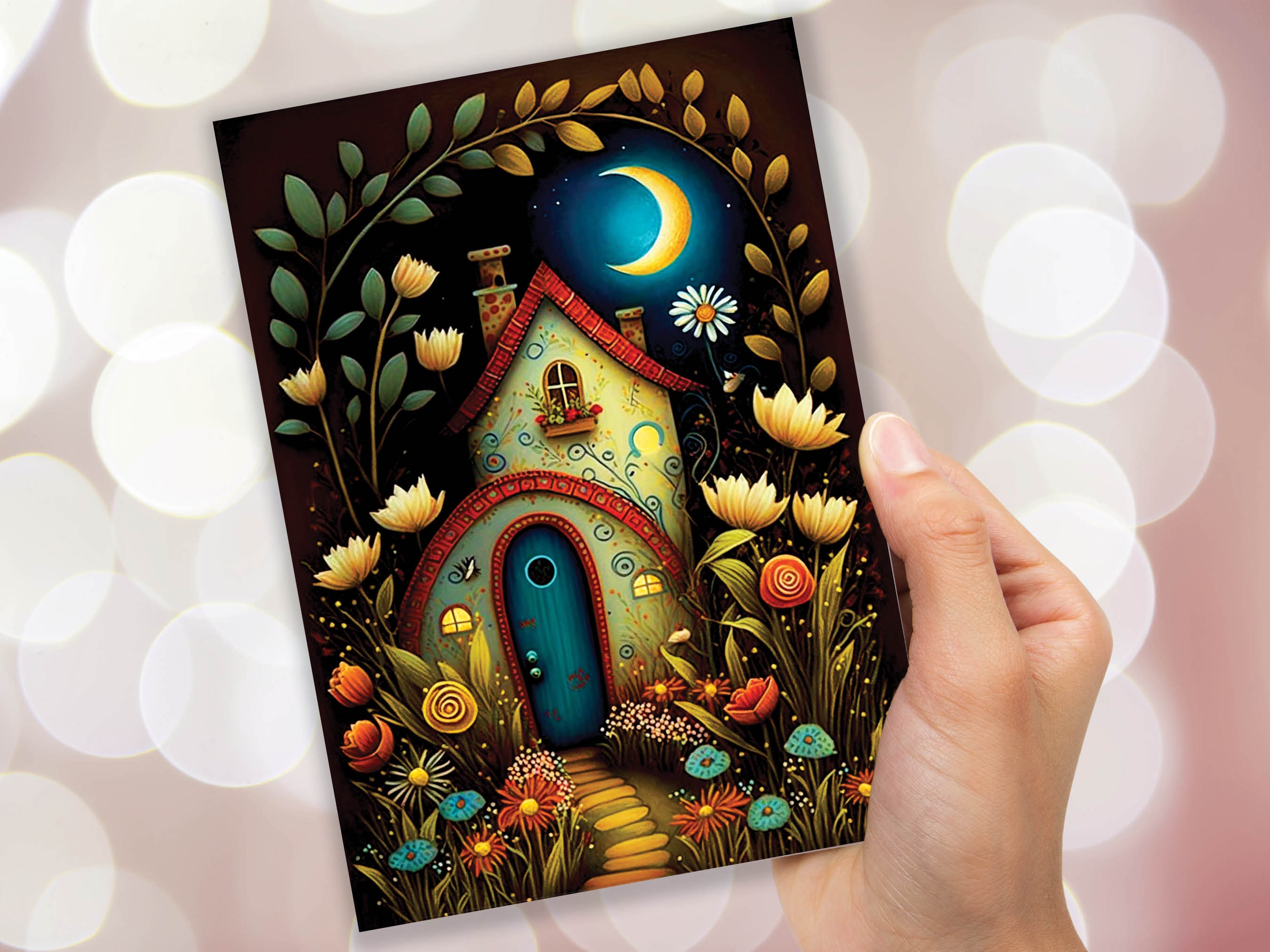 Whimsical Fairy Garden Card Magical Enchanted Folk Art Moving New House Home Housewarming Congrats Night Scene Pagan Moon Folklore Fairytale - View 8