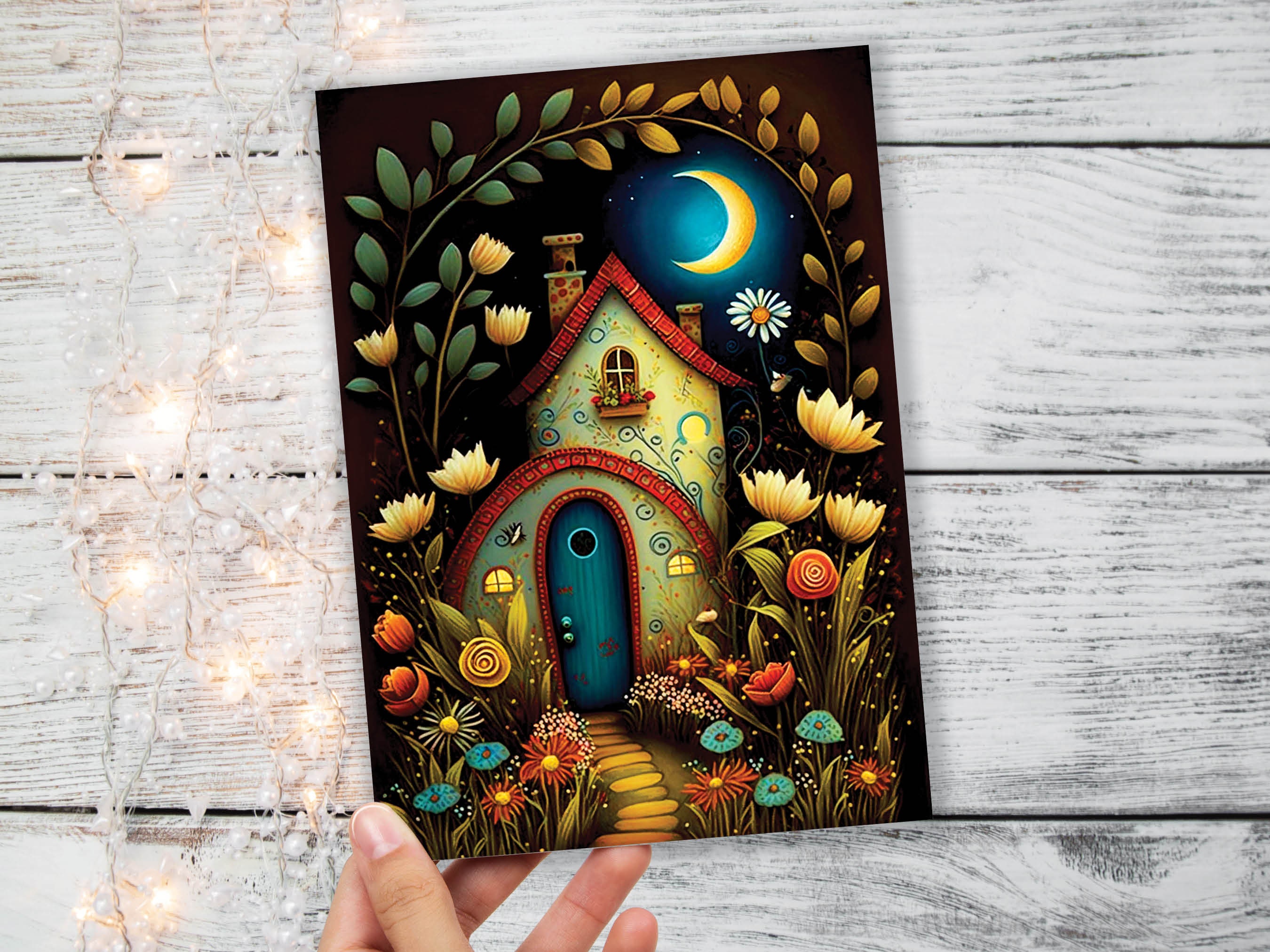 Whimsical Fairy Garden Card Magical Enchanted Folk Art Moving New House Home Housewarming Congrats Night Scene Pagan Moon Folklore Fairytale - View 4