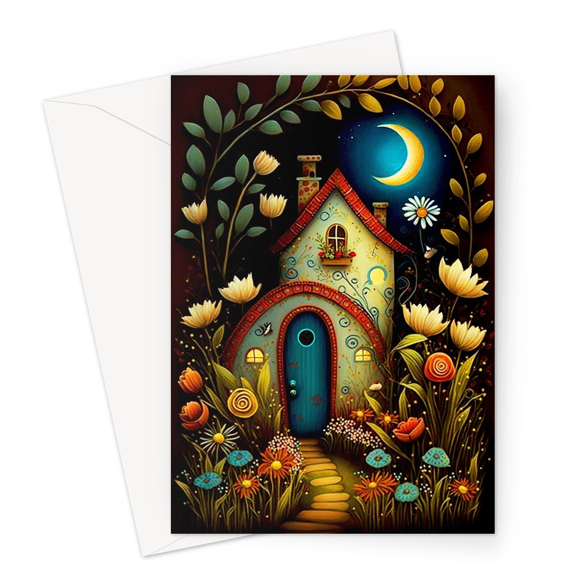 Whimsical Fairy Garden Card Magical Enchanted Folk Art Moving New House Home Housewarming Congrats Night Scene Pagan Moon Folklore Fairytale - View 2