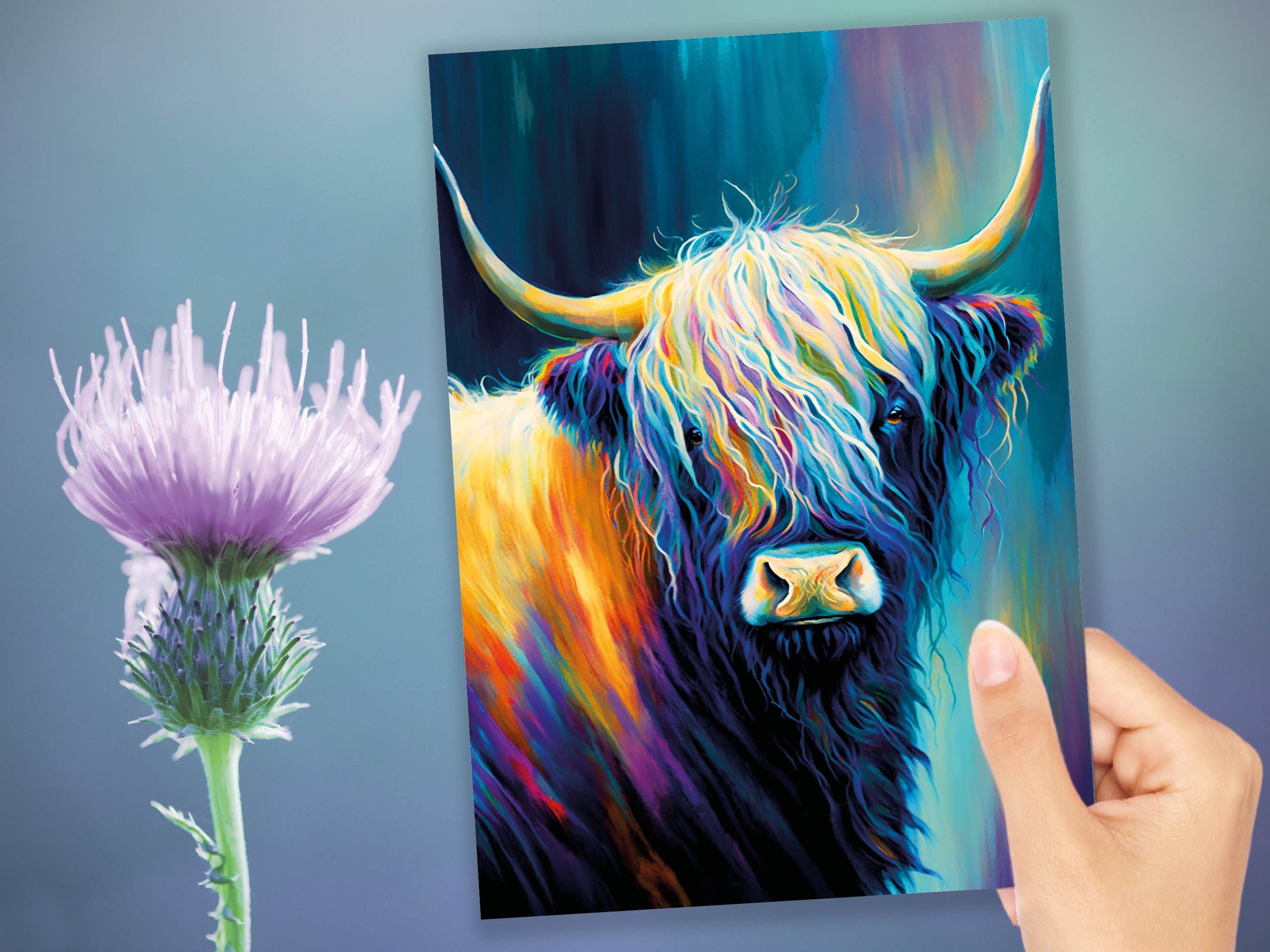 Colourful Art Scottish Highland Cow Greeting Card Pastel Drawing Birthday Thank You Friendship Scottish Cow Lovers Cards for Scots Scotland - View 10