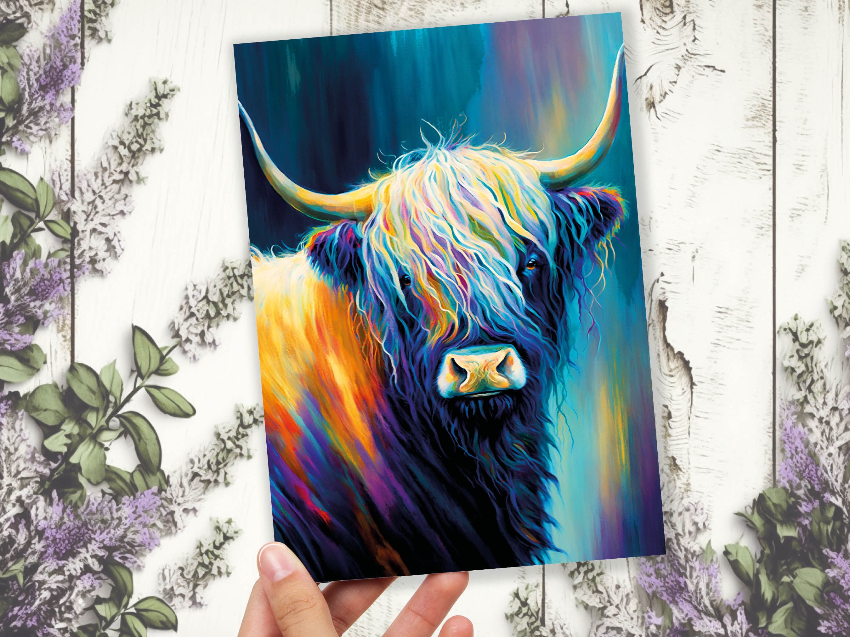 Colourful Art Scottish Highland Cow Greeting Card Pastel Drawing Birthday Thank You Friendship Scottish Cow Lovers Cards for Scots Scotland