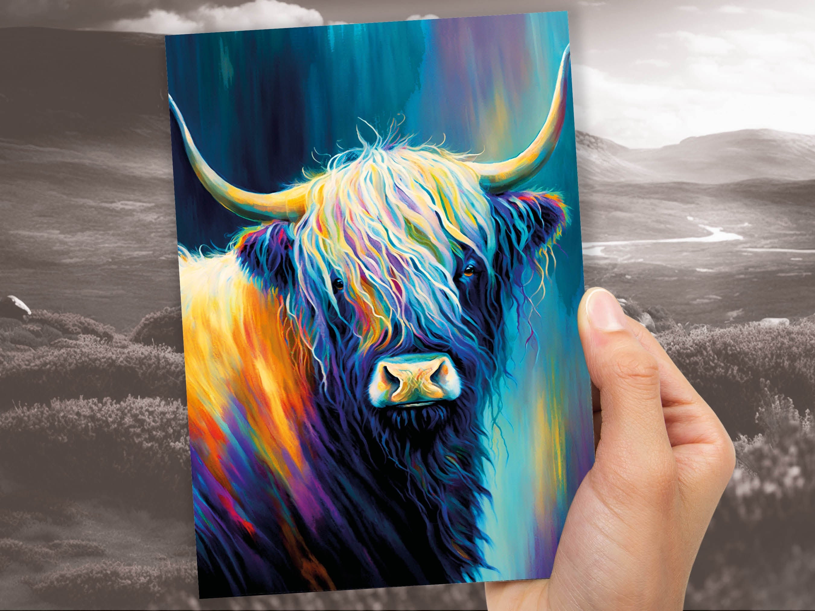 Colourful Art Scottish Highland Cow Greeting Card Pastel Drawing Birthday Thank You Friendship Scottish Cow Lovers Cards for Scots Scotland - View 8