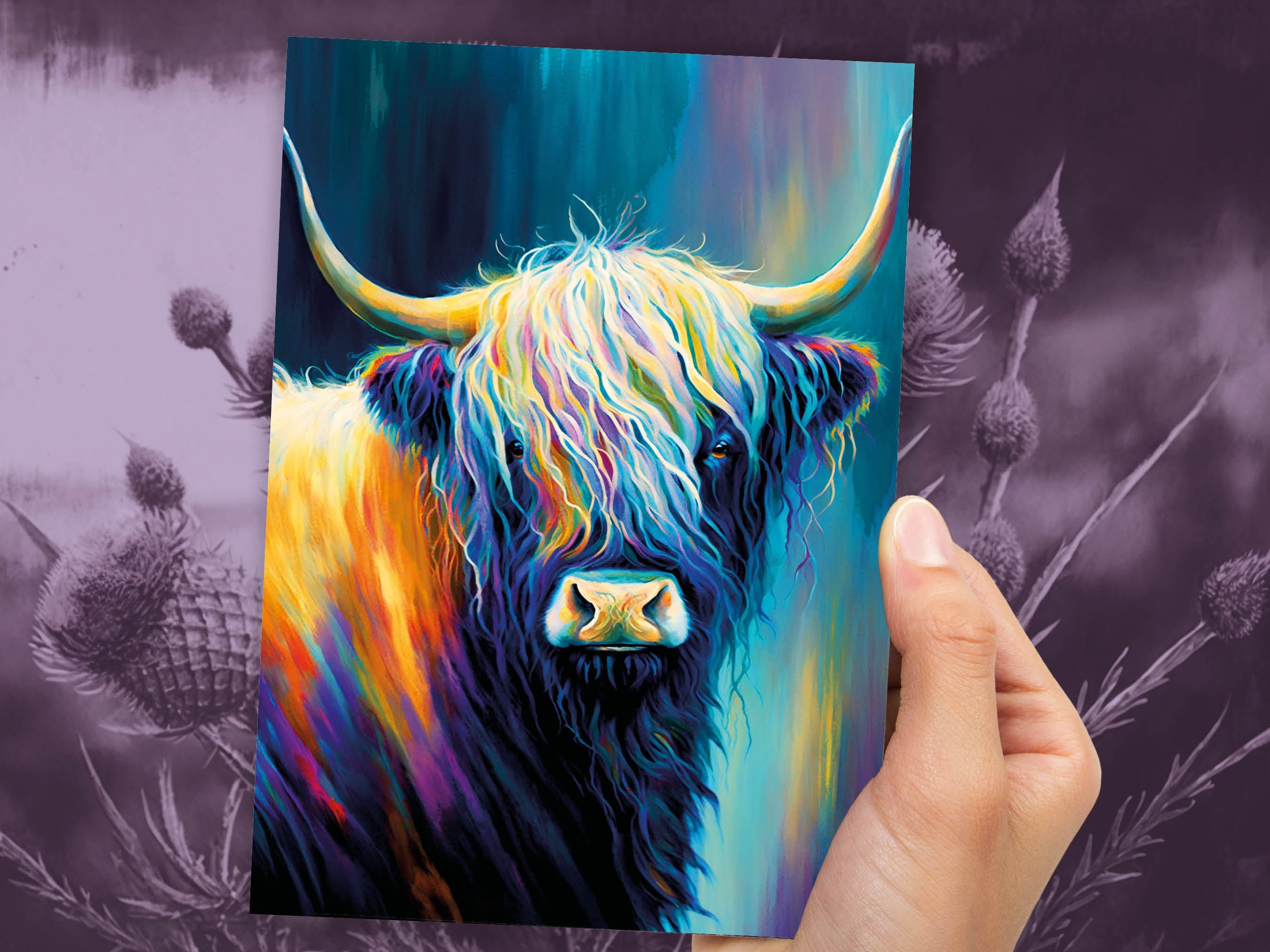 Colourful Art Scottish Highland Cow Greeting Card Pastel Drawing Birthday Thank You Friendship Scottish Cow Lovers Cards for Scots Scotland - View 9