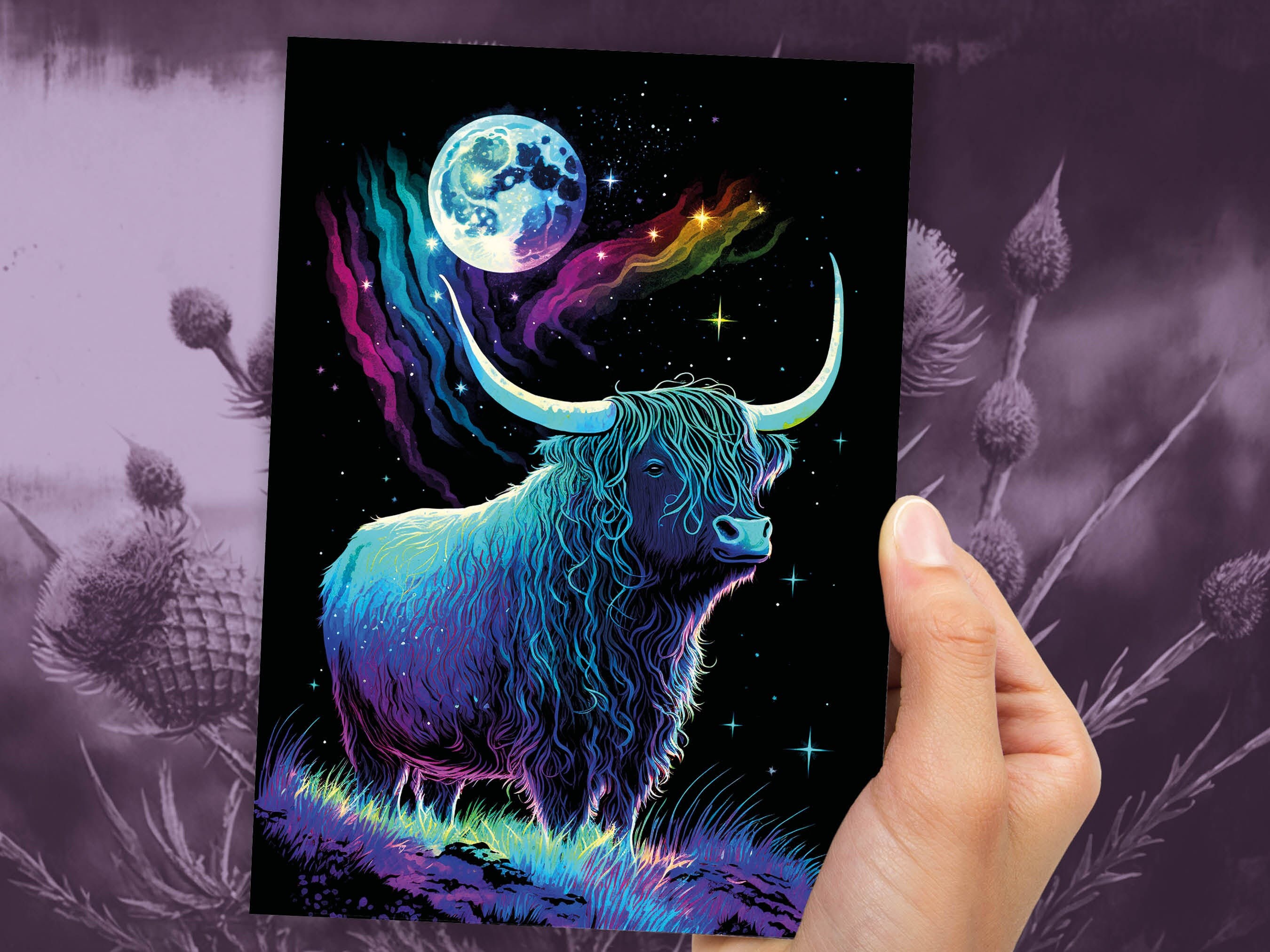 Highland Cow Birthday Card Moon Stars Galaxy Iridescent Colours Encouragement Strength Perseverance Follow Your Dreams Goals Greeting Cards - View 10