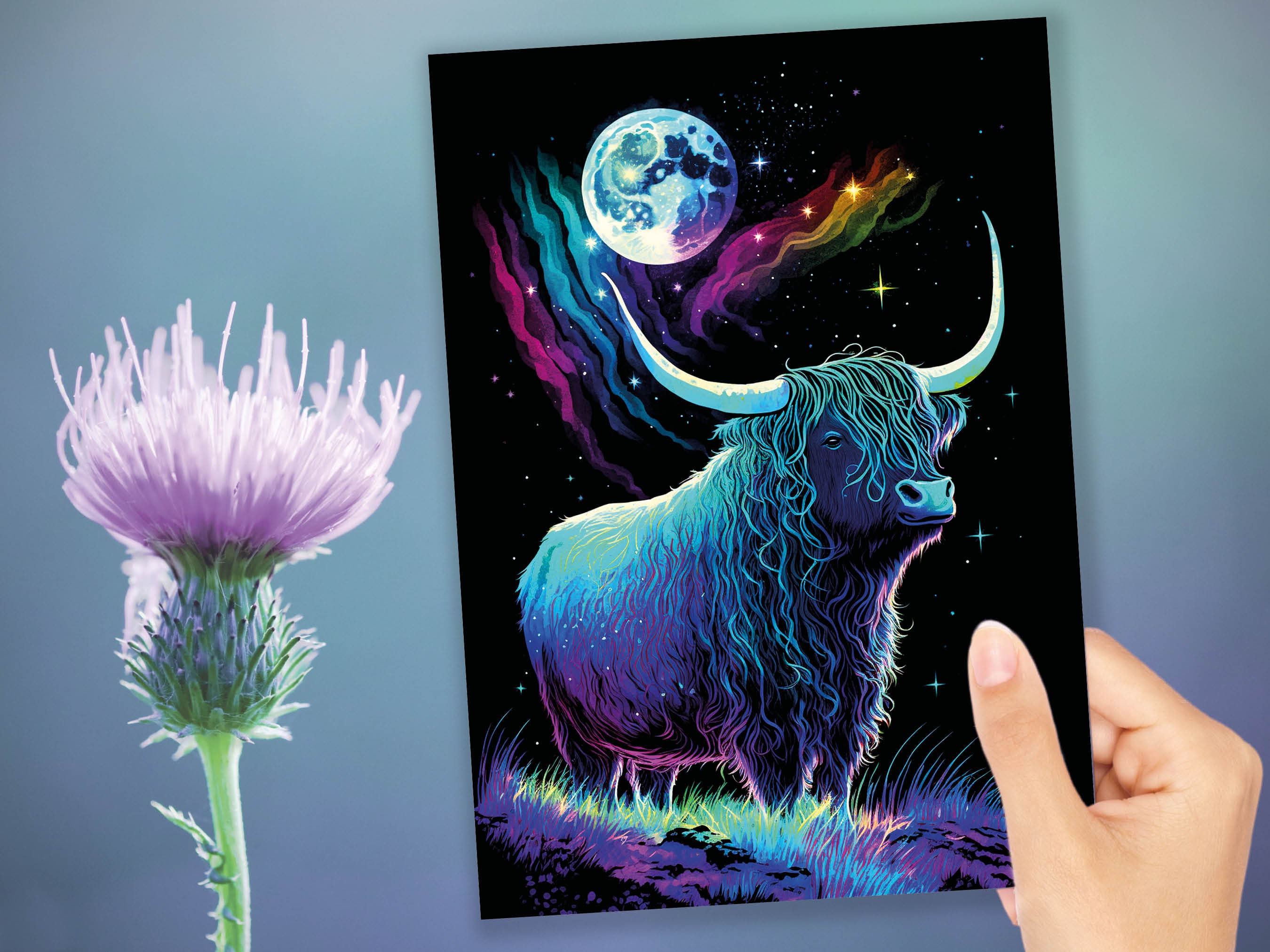 Highland Cow Birthday Card Moon Stars Galaxy Iridescent Colours Encouragement Strength Perseverance Follow Your Dreams Goals Greeting Cards