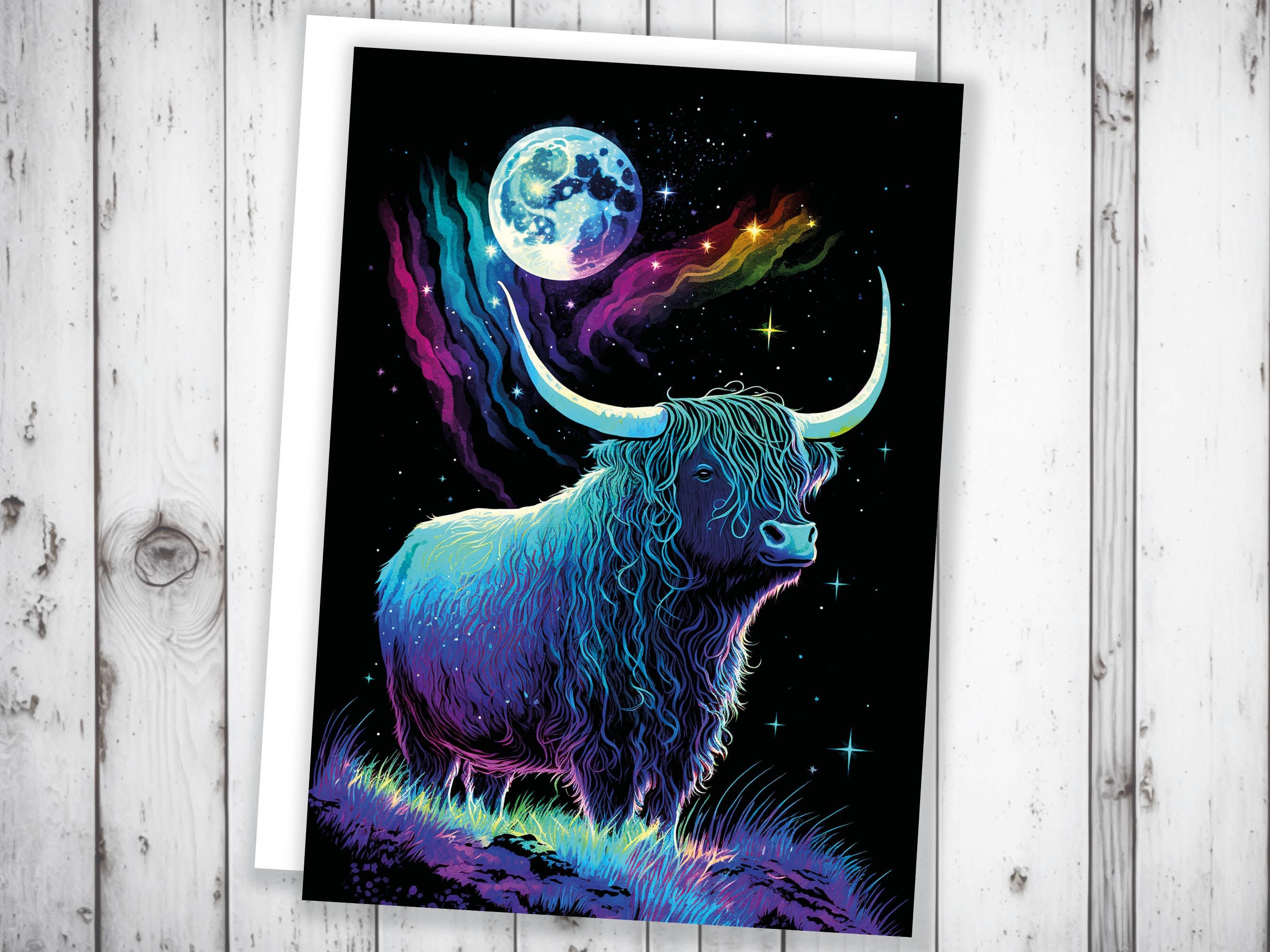 Highland Cow Birthday Card Moon Stars Galaxy Iridescent Colours Encouragement Strength Perseverance Follow Your Dreams Goals Greeting Cards - View 2