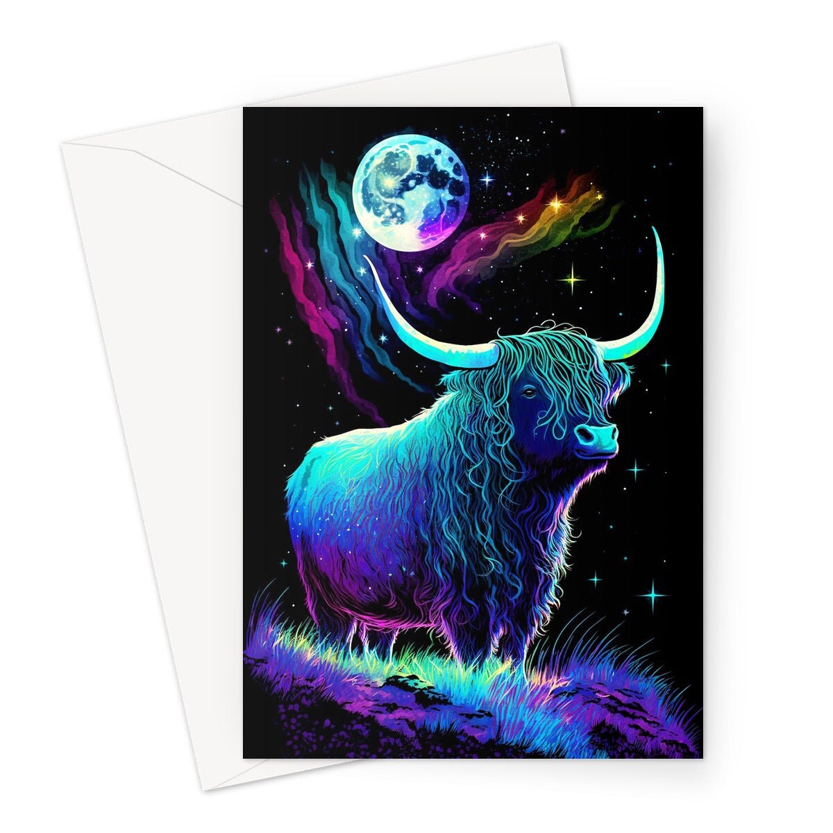 Highland Cow Birthday Card Moon Stars Galaxy Iridescent Colours Encouragement Strength Perseverance Follow Your Dreams Goals Greeting Cards - View 3