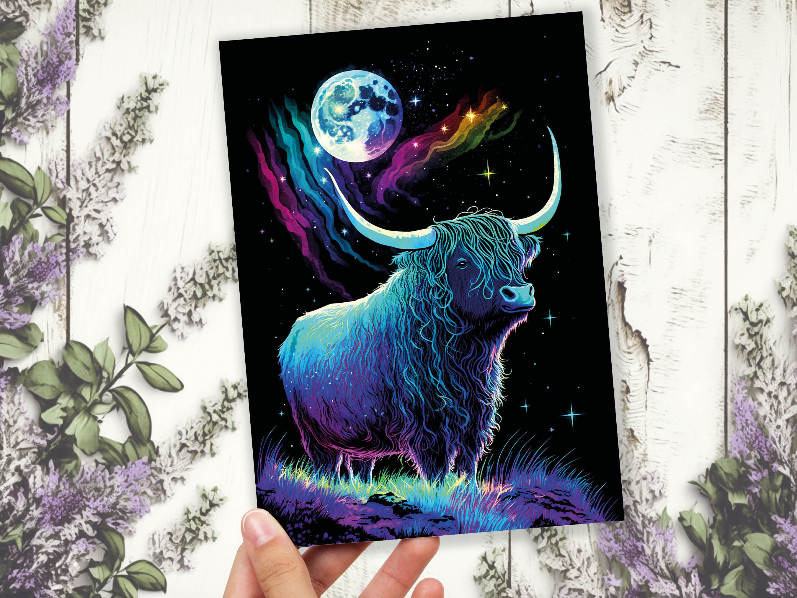 Highland Cow Birthday Card Moon Stars Galaxy Iridescent Colours Encouragement Strength Perseverance Follow Your Dreams Goals Greeting Cards - View 6