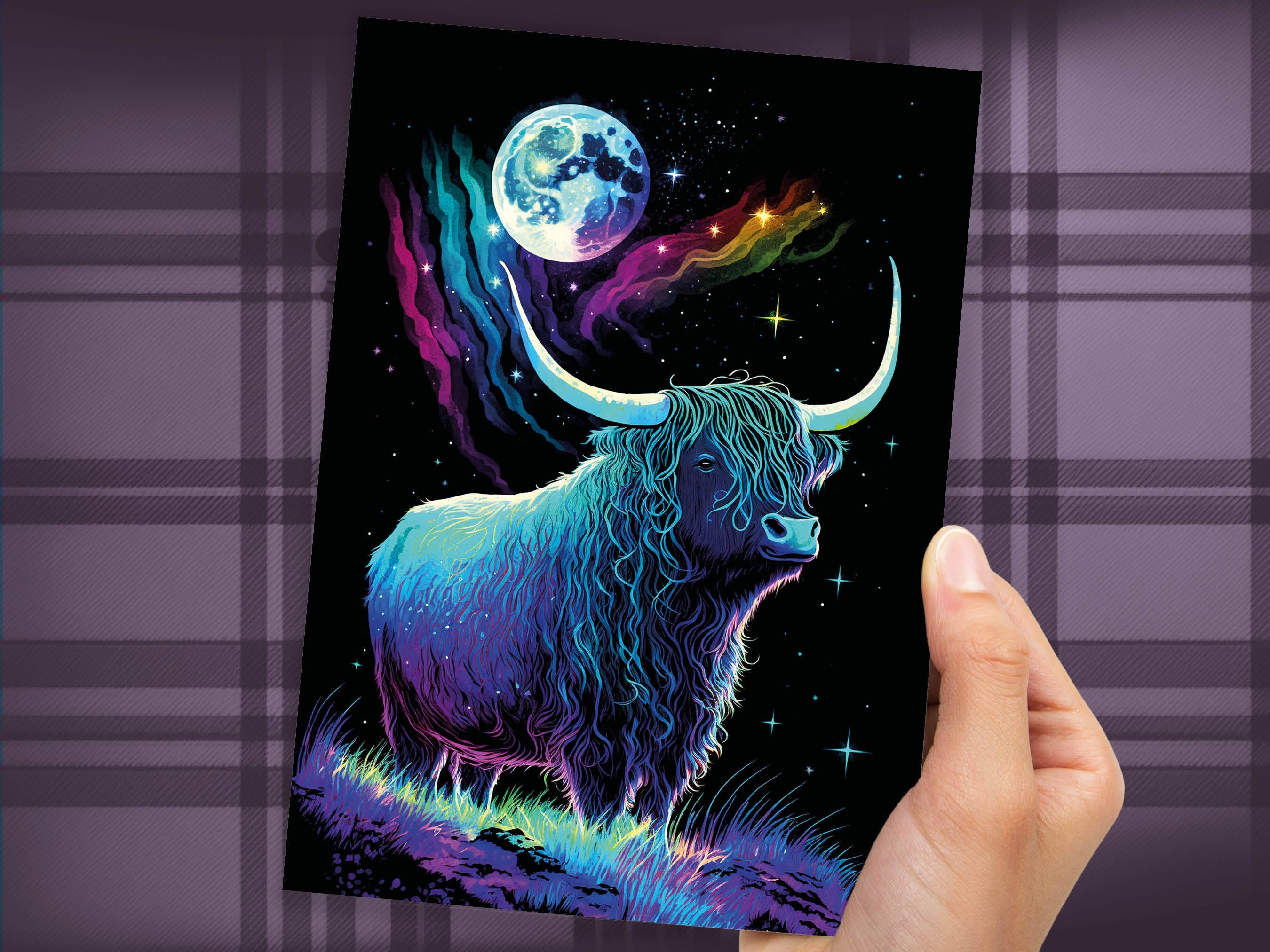 Highland Cow Birthday Card Moon Stars Galaxy Iridescent Colours Encouragement Strength Perseverance Follow Your Dreams Goals Greeting Cards - View 7