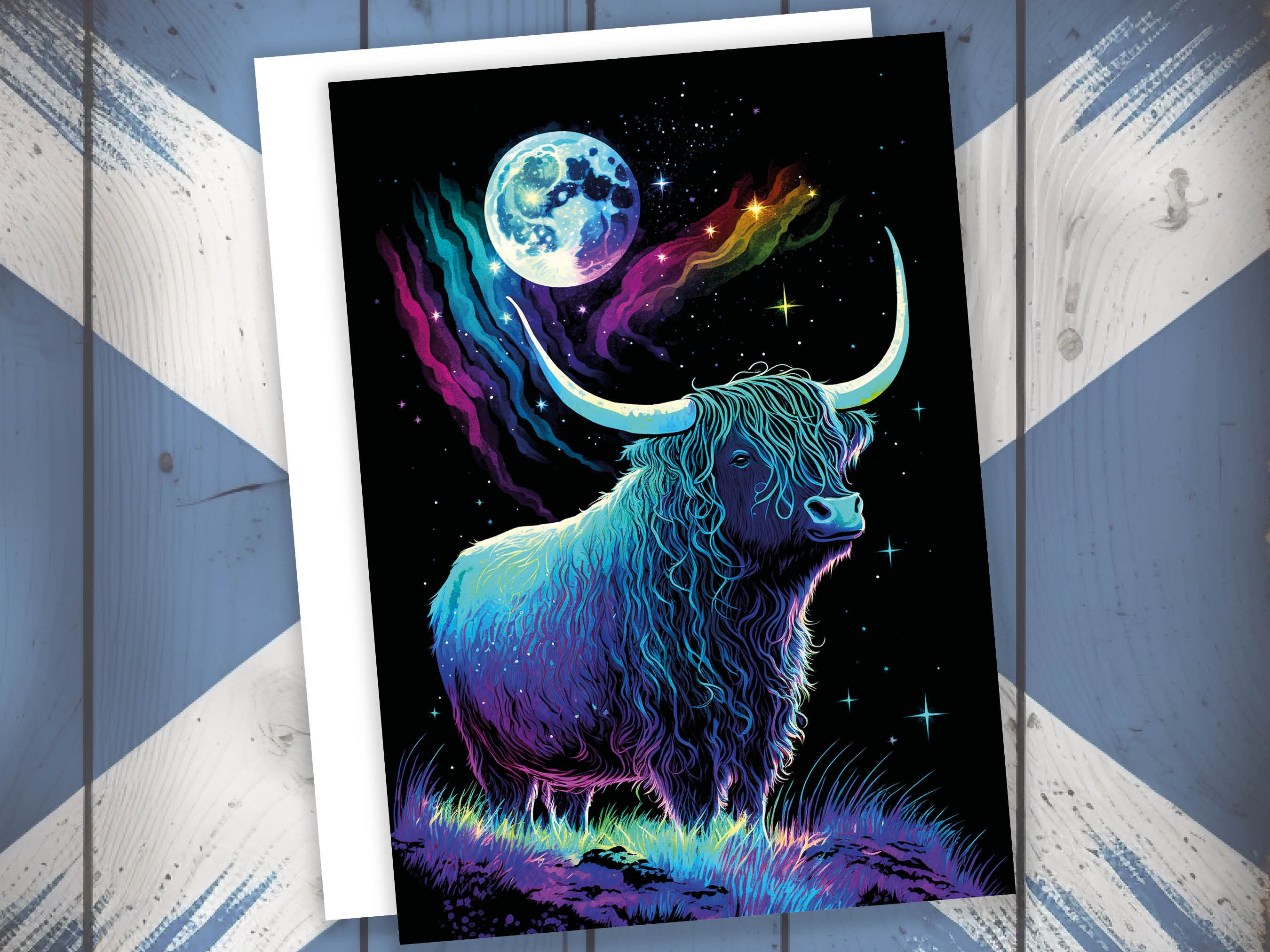 Highland Cow Birthday Card Moon Stars Galaxy Iridescent Colours Encouragement Strength Perseverance Follow Your Dreams Goals Greeting Cards - View 8