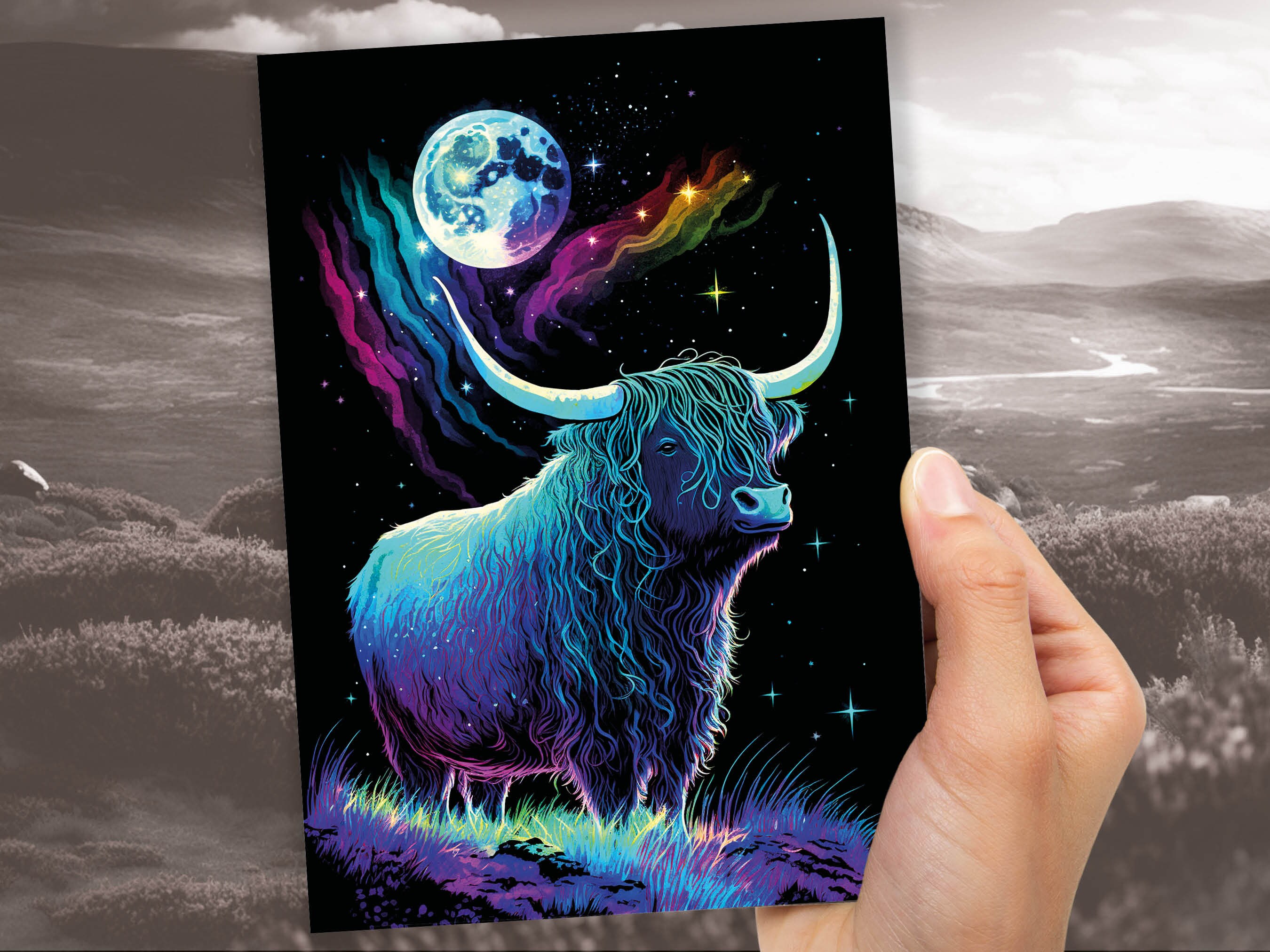 Highland Cow Birthday Card Moon Stars Galaxy Iridescent Colours Encouragement Strength Perseverance Follow Your Dreams Goals Greeting Cards - View 9