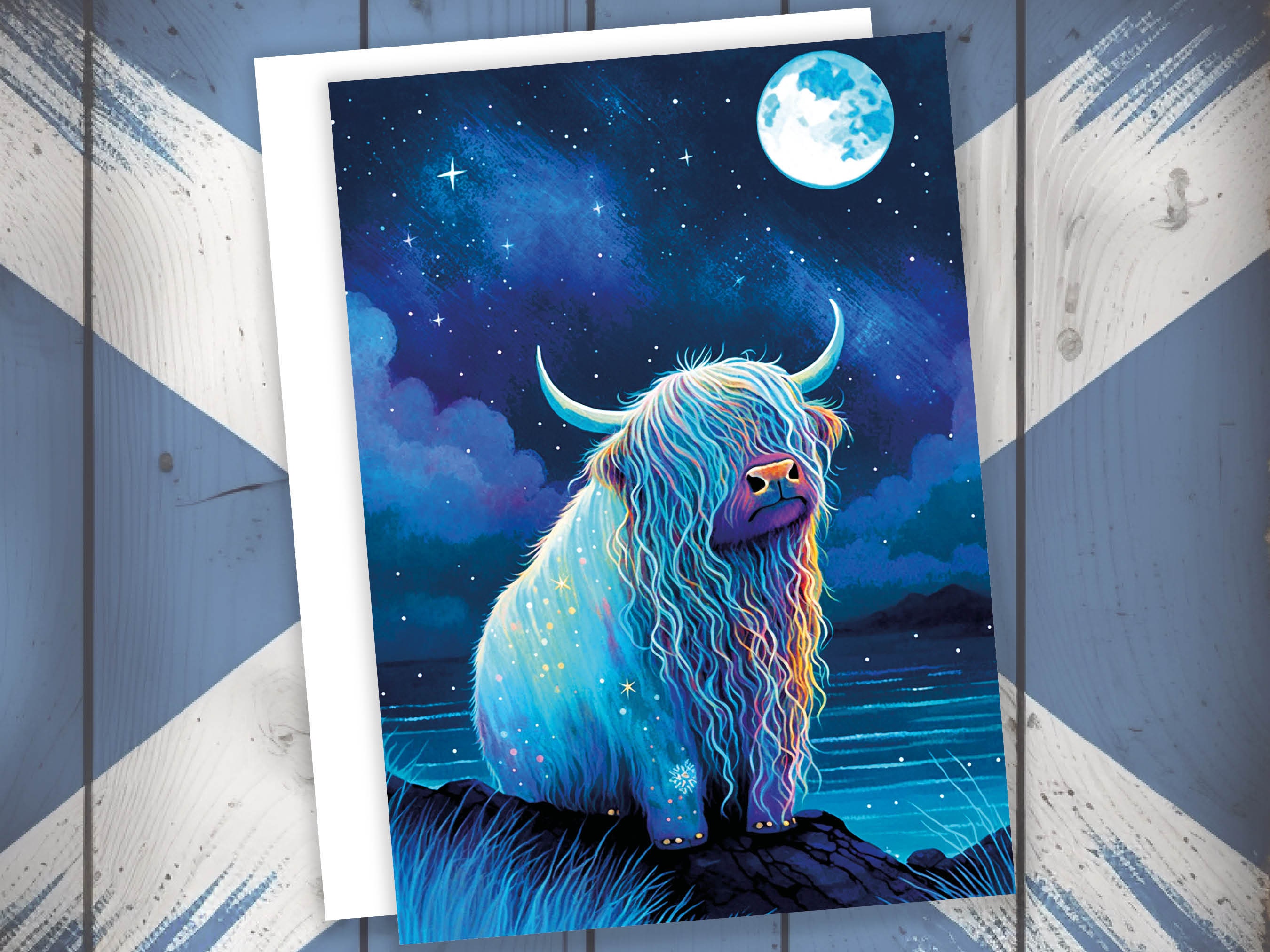 Highland Cow Birthday Card Moon Reach for the Stars Galaxy Greeting Cards Iridescent Achieve your Dreams Goals Strength Resilience Dream Big