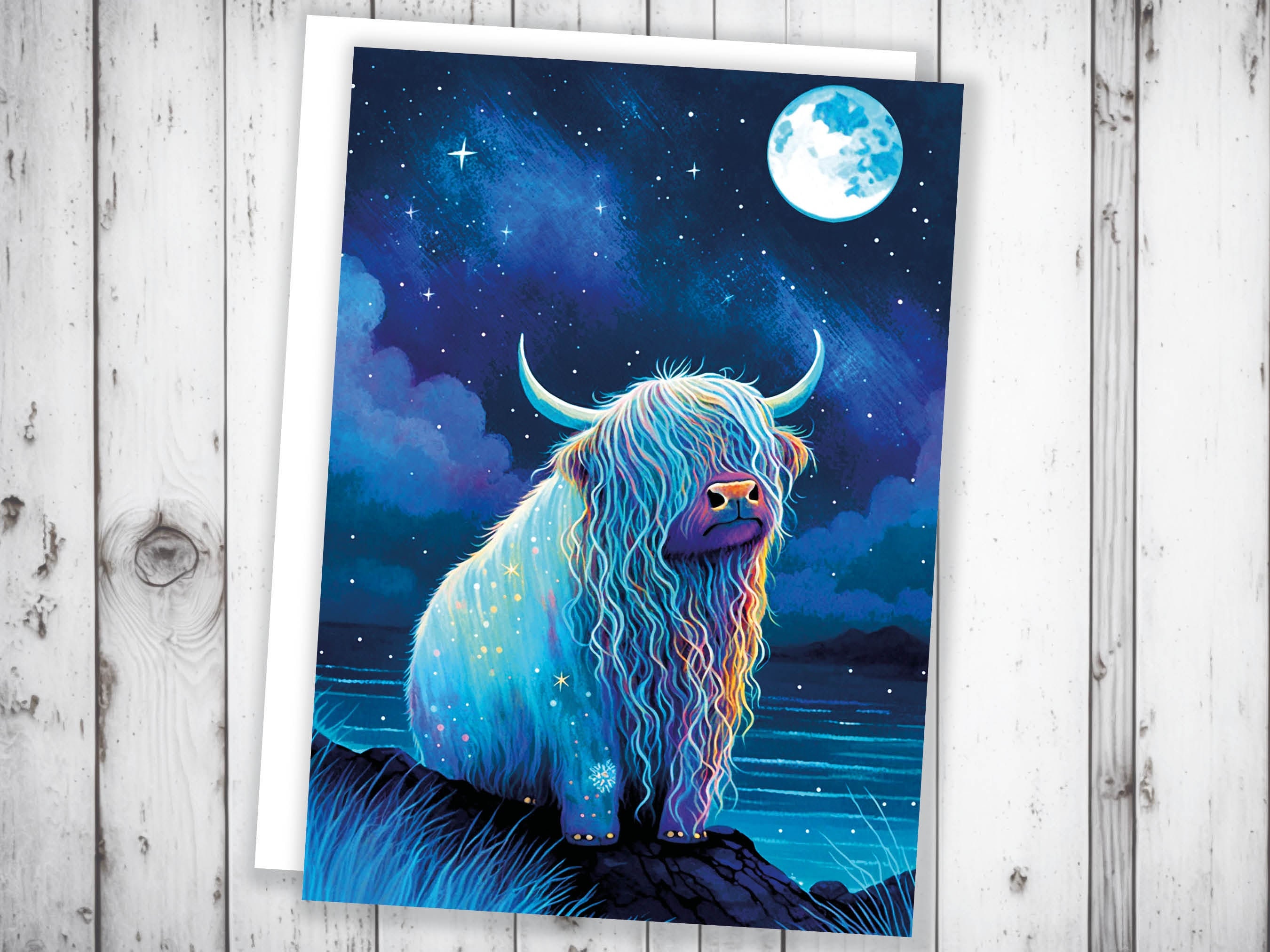 Highland Cow Birthday Card Moon Reach for the Stars Galaxy Greeting Cards Iridescent Achieve your Dreams Goals Strength Resilience Dream Big - View 7