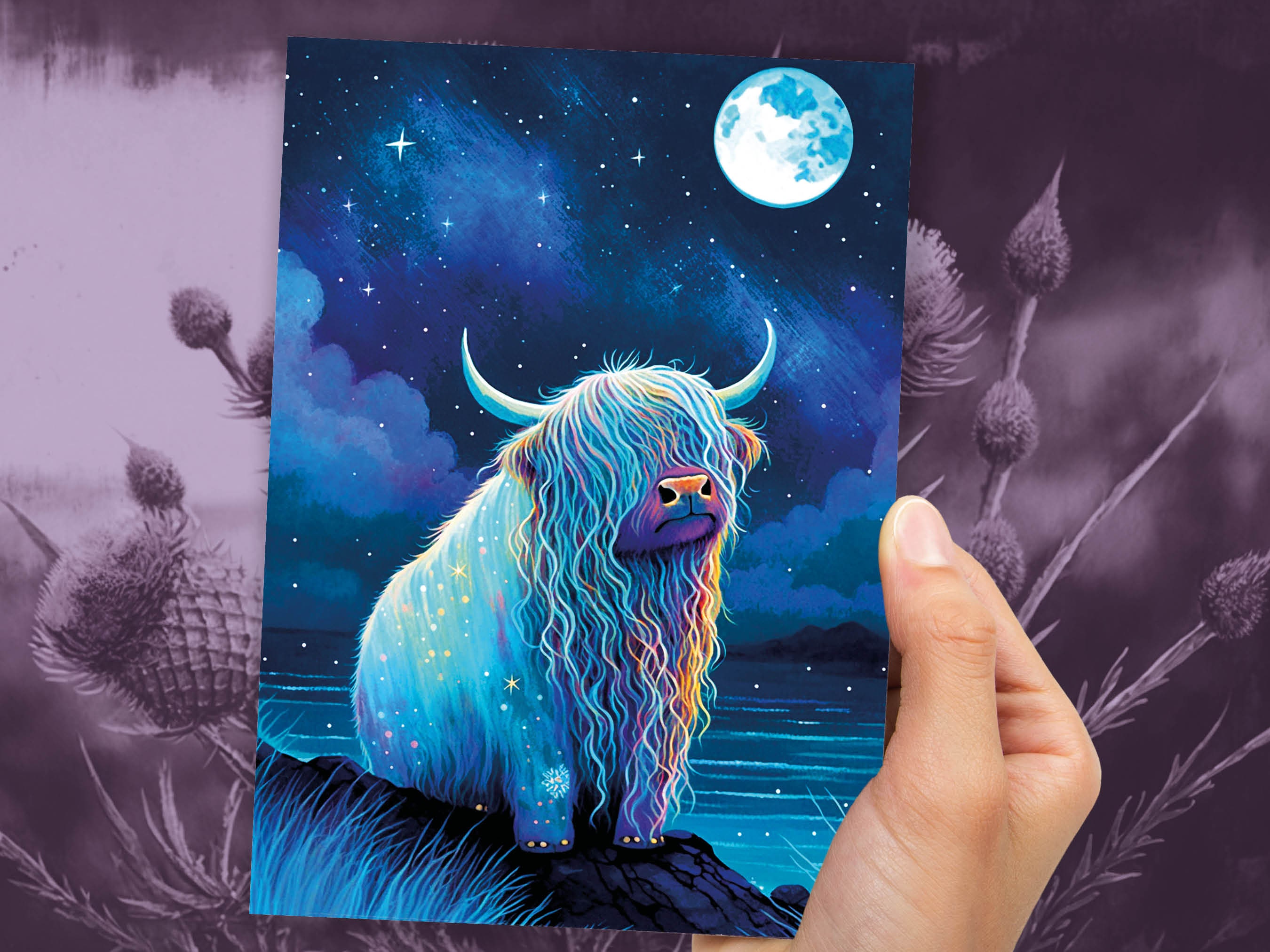 Highland Cow Birthday Card Moon Reach for the Stars Galaxy Greeting Cards Iridescent Achieve your Dreams Goals Strength Resilience Dream Big - View 9