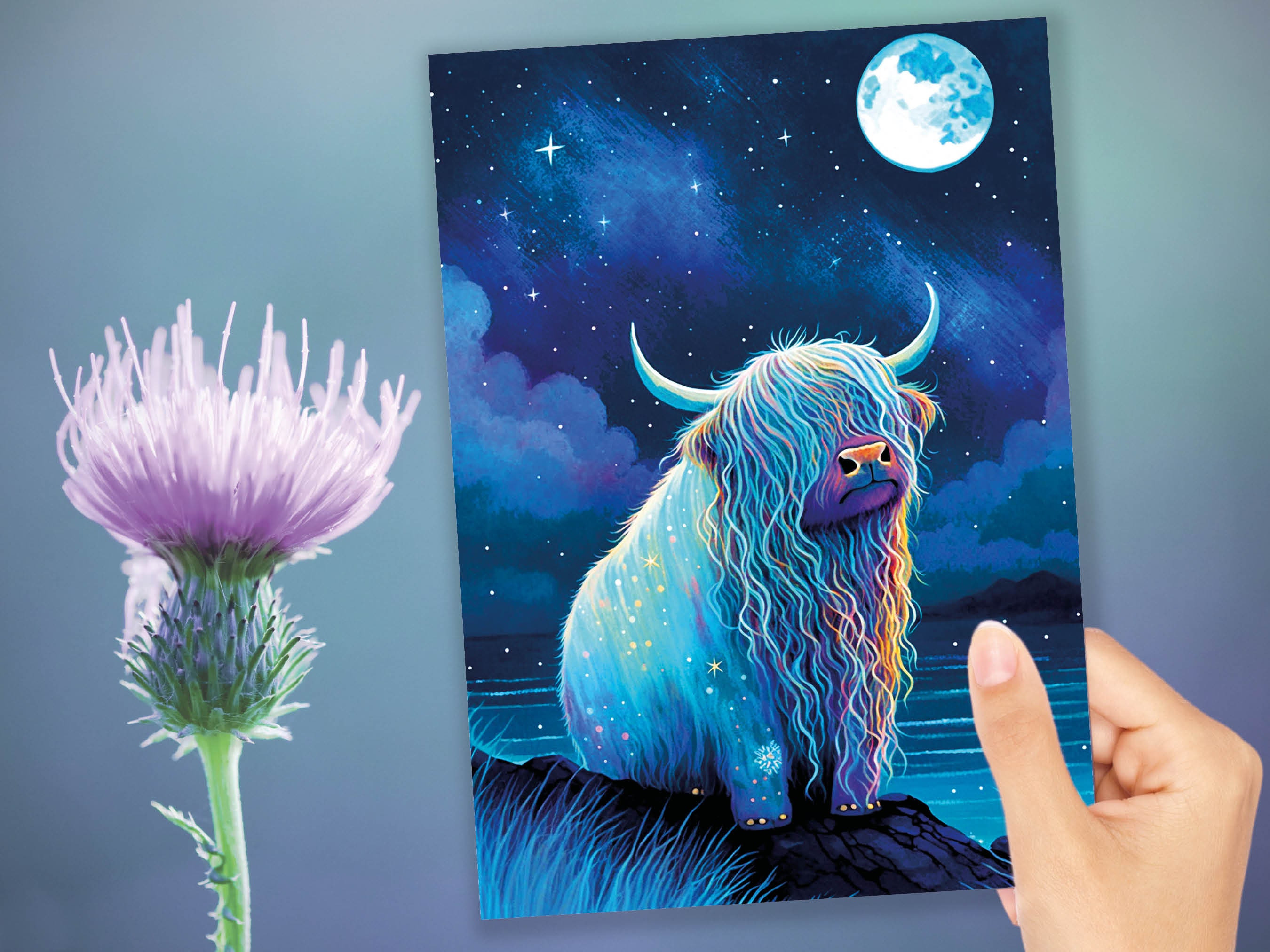 Highland Cow Birthday Card Moon Reach for the Stars Galaxy Greeting Cards Iridescent Achieve your Dreams Goals Strength Resilience Dream Big - View 10