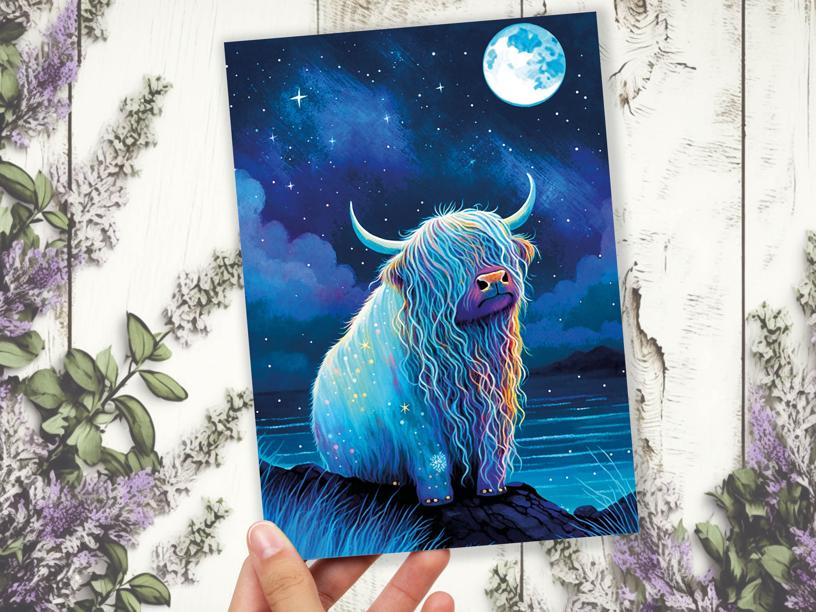 Highland Cow Birthday Card Moon Reach for the Stars Galaxy Greeting Cards Iridescent Achieve your Dreams Goals Strength Resilience Dream Big - View 5