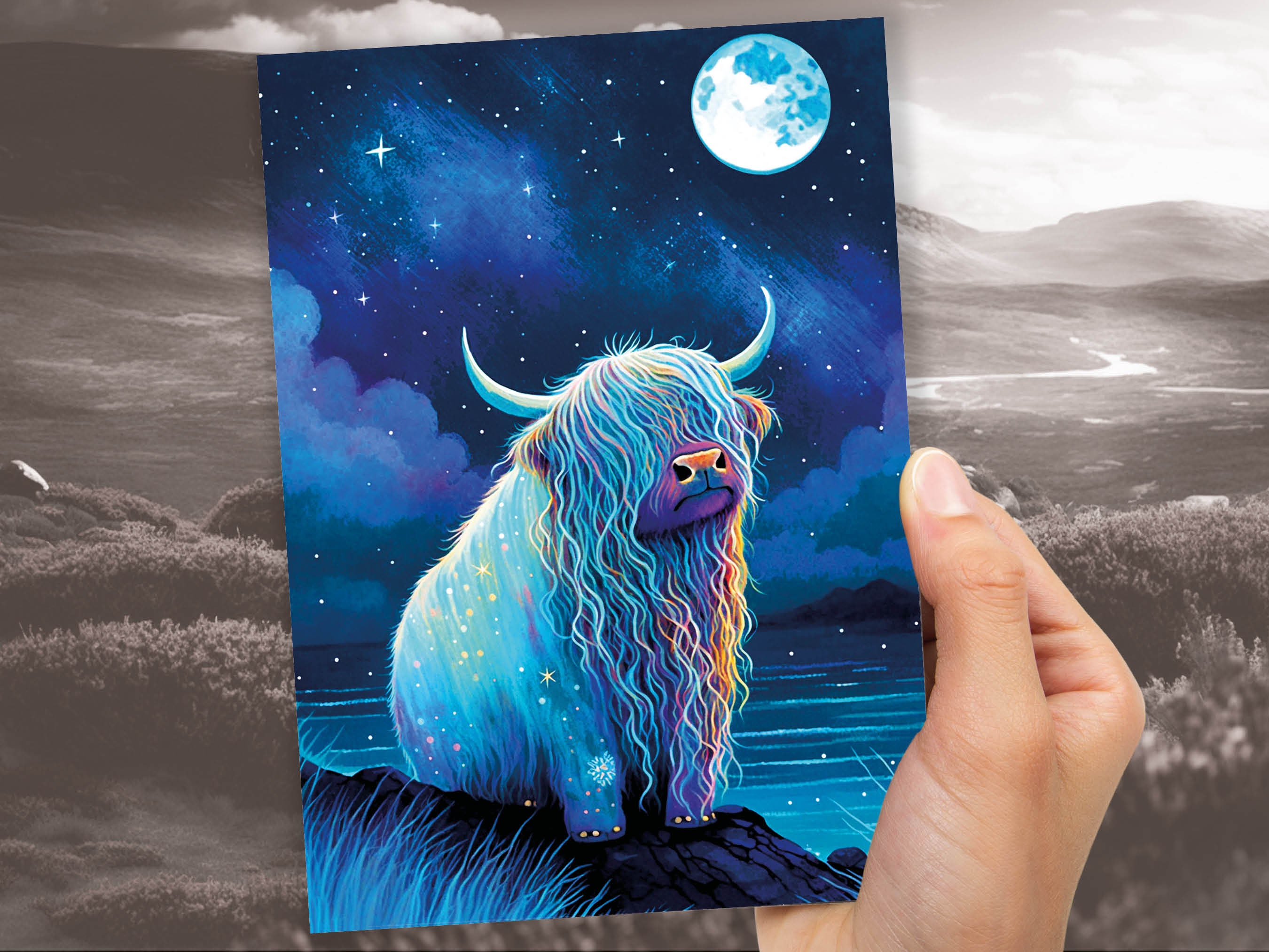 Highland Cow Birthday Card Moon Reach for the Stars Galaxy Greeting Cards Iridescent Achieve your Dreams Goals Strength Resilience Dream Big - View 8