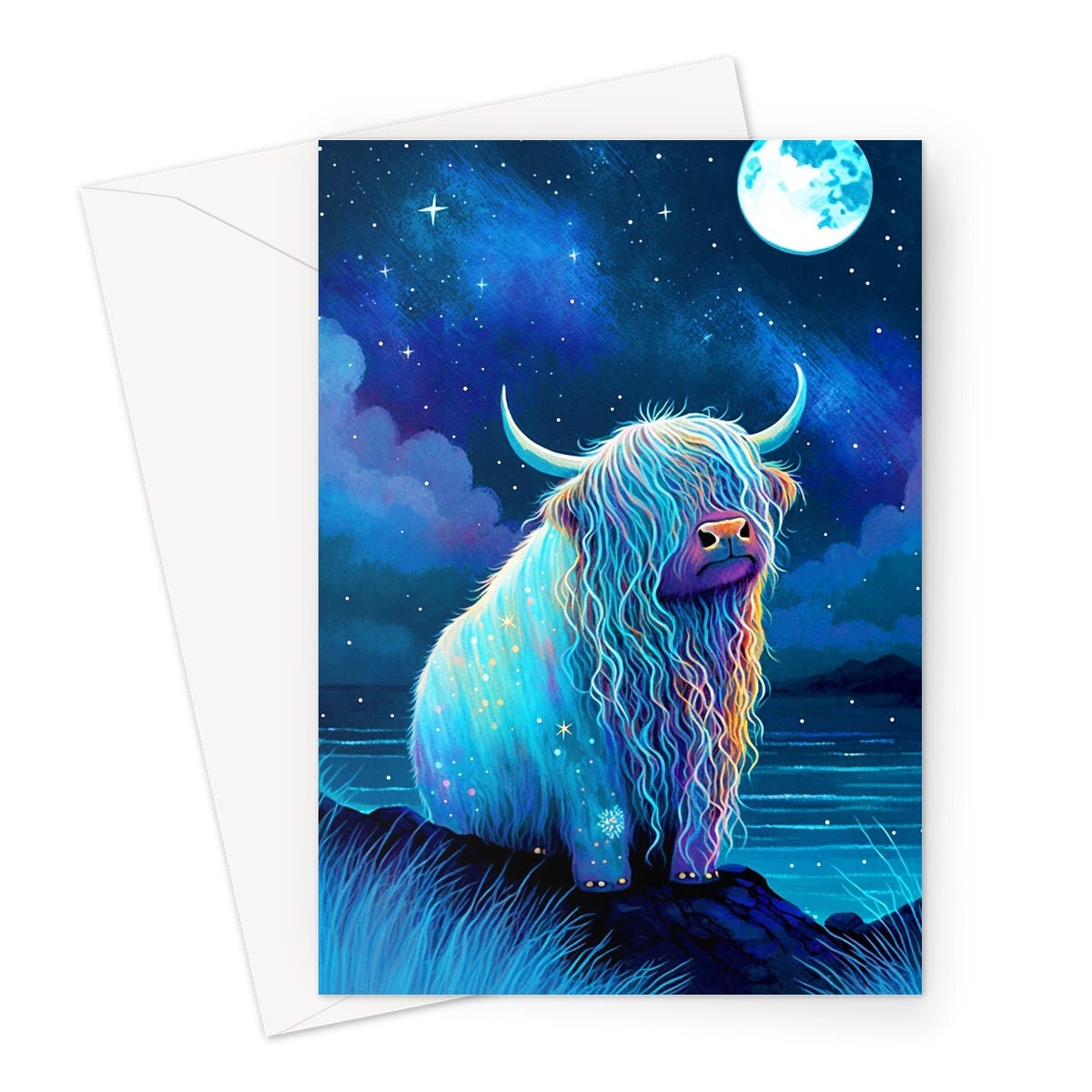 Highland Cow Birthday Card Moon Reach for the Stars Galaxy Greeting Cards Iridescent Achieve your Dreams Goals Strength Resilience Dream Big - View 2