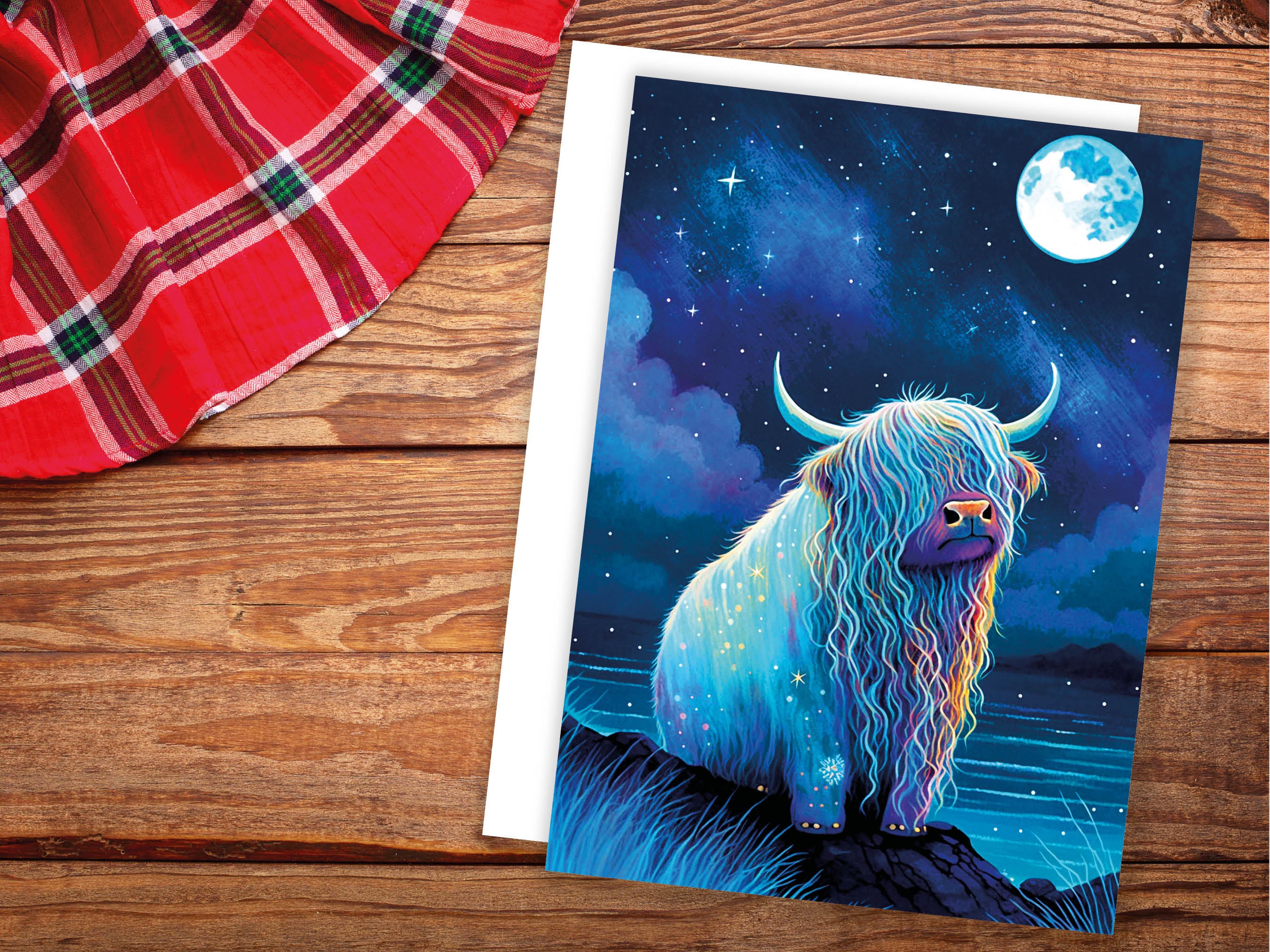 Highland Cow Birthday Card Moon Reach for the Stars Galaxy Greeting Cards Iridescent Achieve your Dreams Goals Strength Resilience Dream Big - View 4