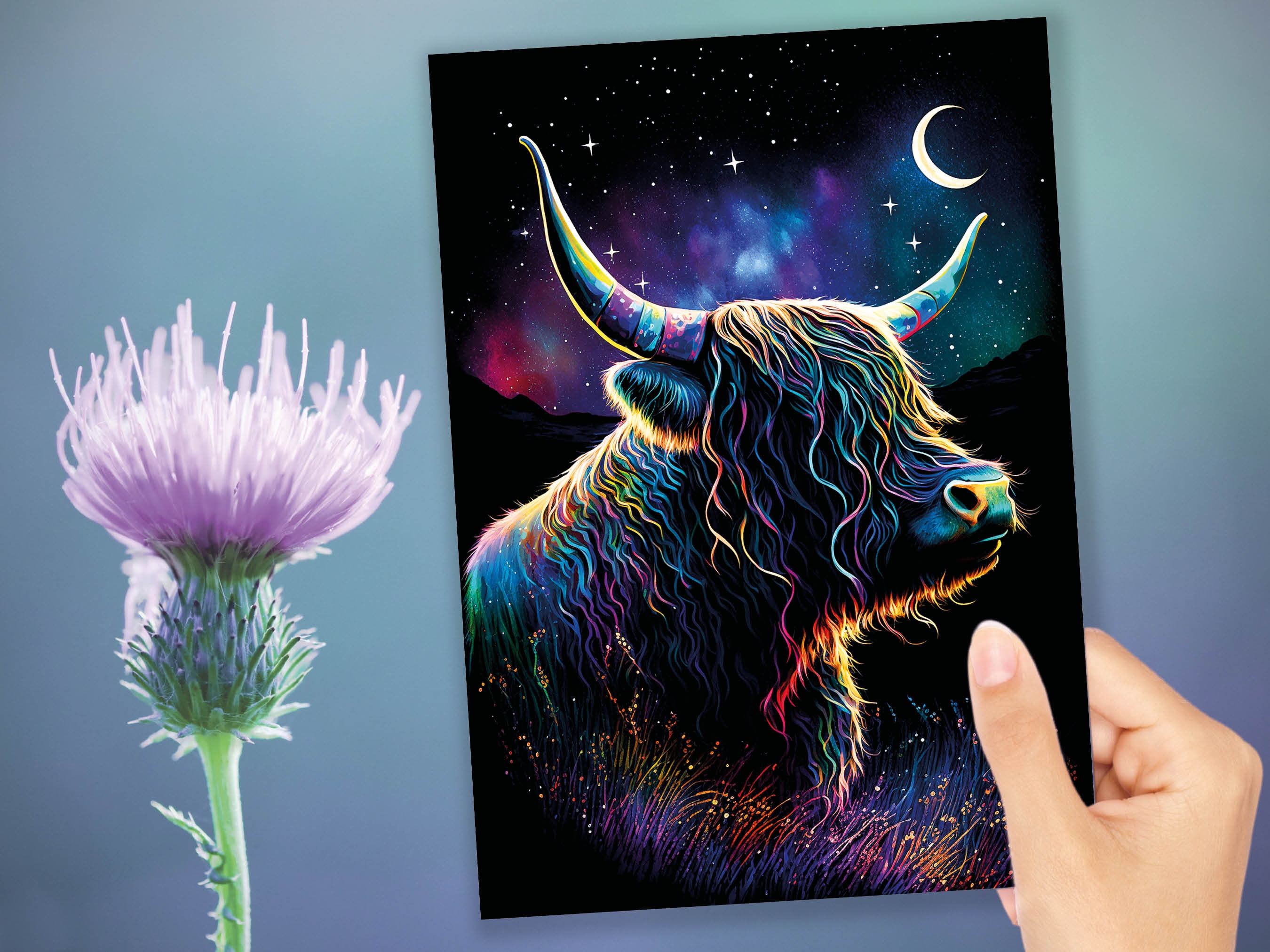 Whimsical Highland Cow Birthday Card Aurora Borealis Moon Stars Galaxy Celestial Night Sky Magical Scene Rainbow Colours Greeting Cards BFF - View 10