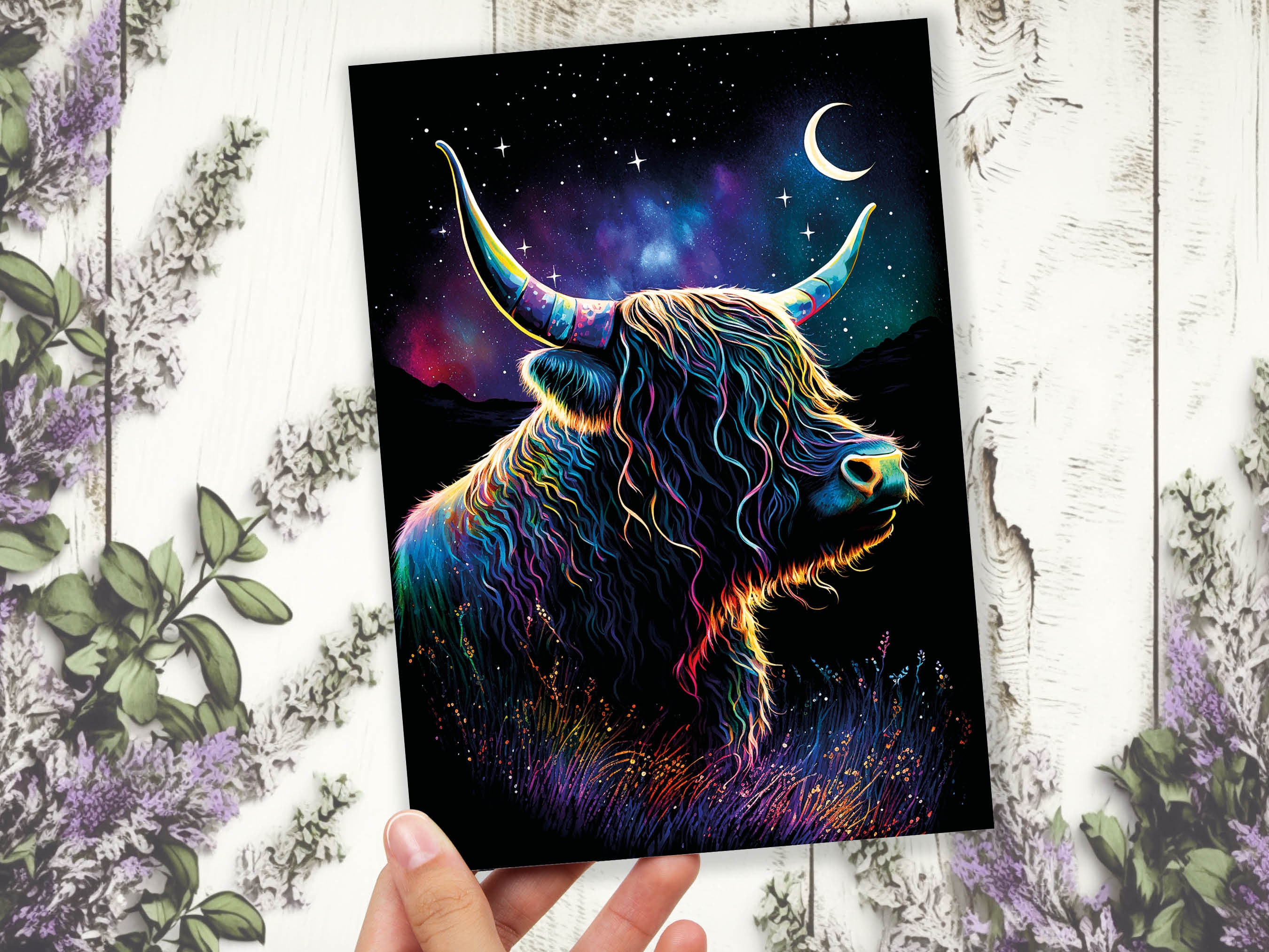 Whimsical Highland Cow Birthday Card Aurora Borealis Moon Stars Galaxy Celestial Night Sky Magical Scene Rainbow Colours Greeting Cards BFF