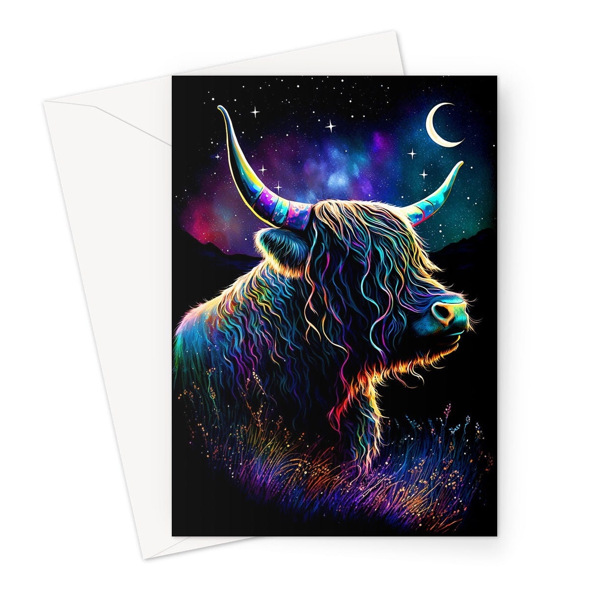 Whimsical Highland Cow Birthday Card Aurora Borealis Moon Stars Galaxy Celestial Night Sky Magical Scene Rainbow Colours Greeting Cards BFF - View 2