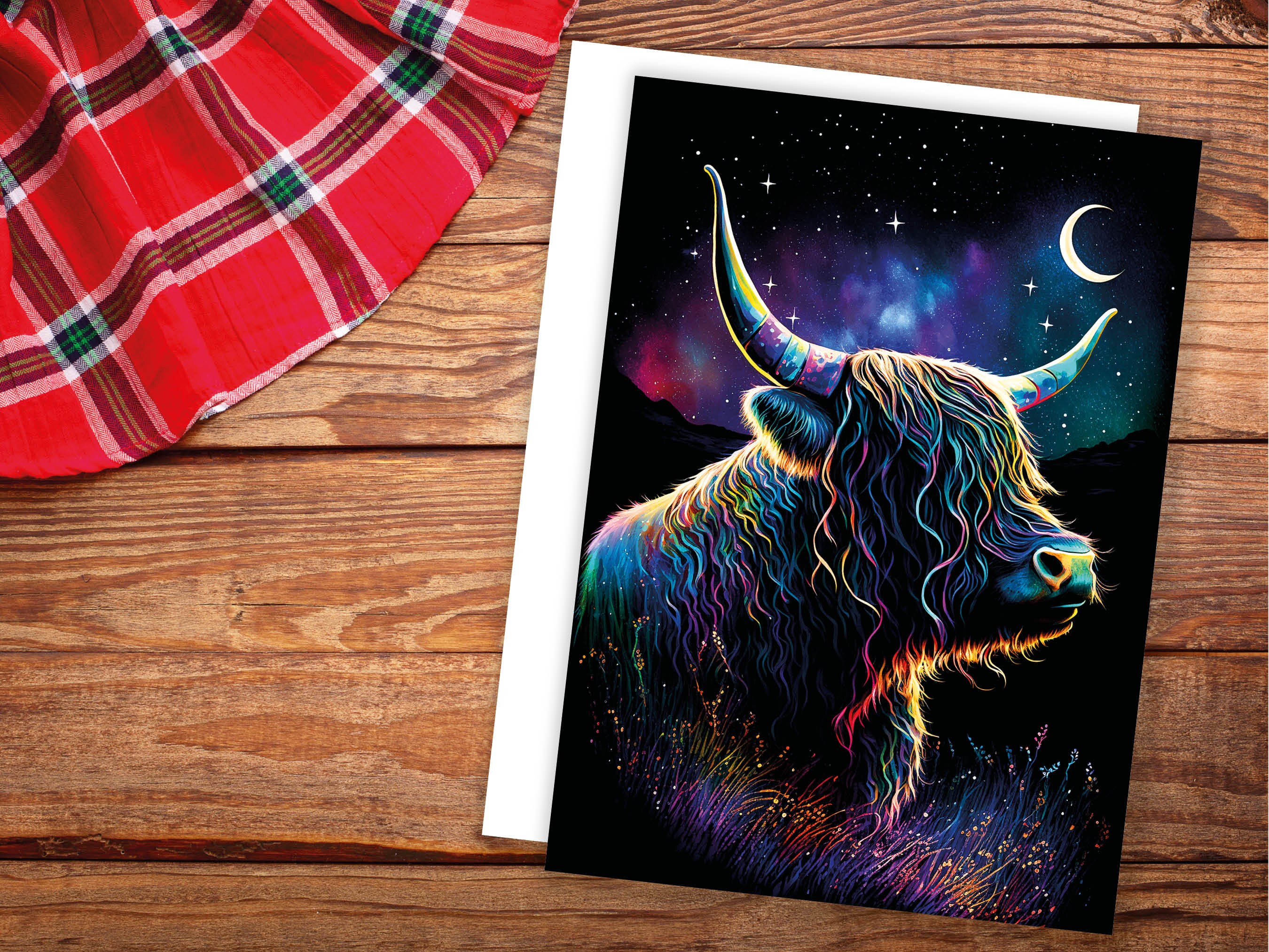 Whimsical Highland Cow Birthday Card Aurora Borealis Moon Stars Galaxy Celestial Night Sky Magical Scene Rainbow Colours Greeting Cards BFF - View 4