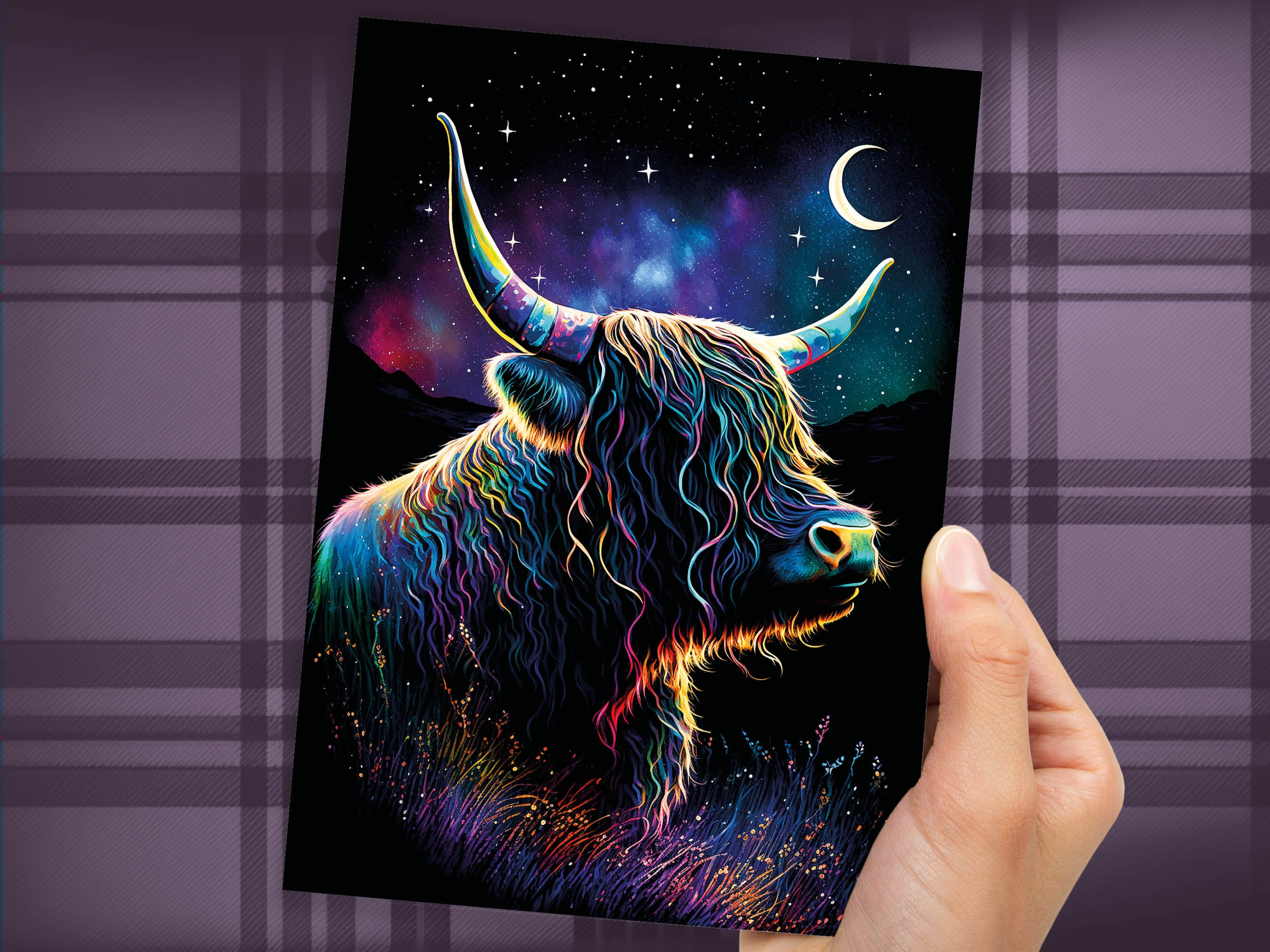 Whimsical Highland Cow Birthday Card Aurora Borealis Moon Stars Galaxy Celestial Night Sky Magical Scene Rainbow Colours Greeting Cards BFF - View 5