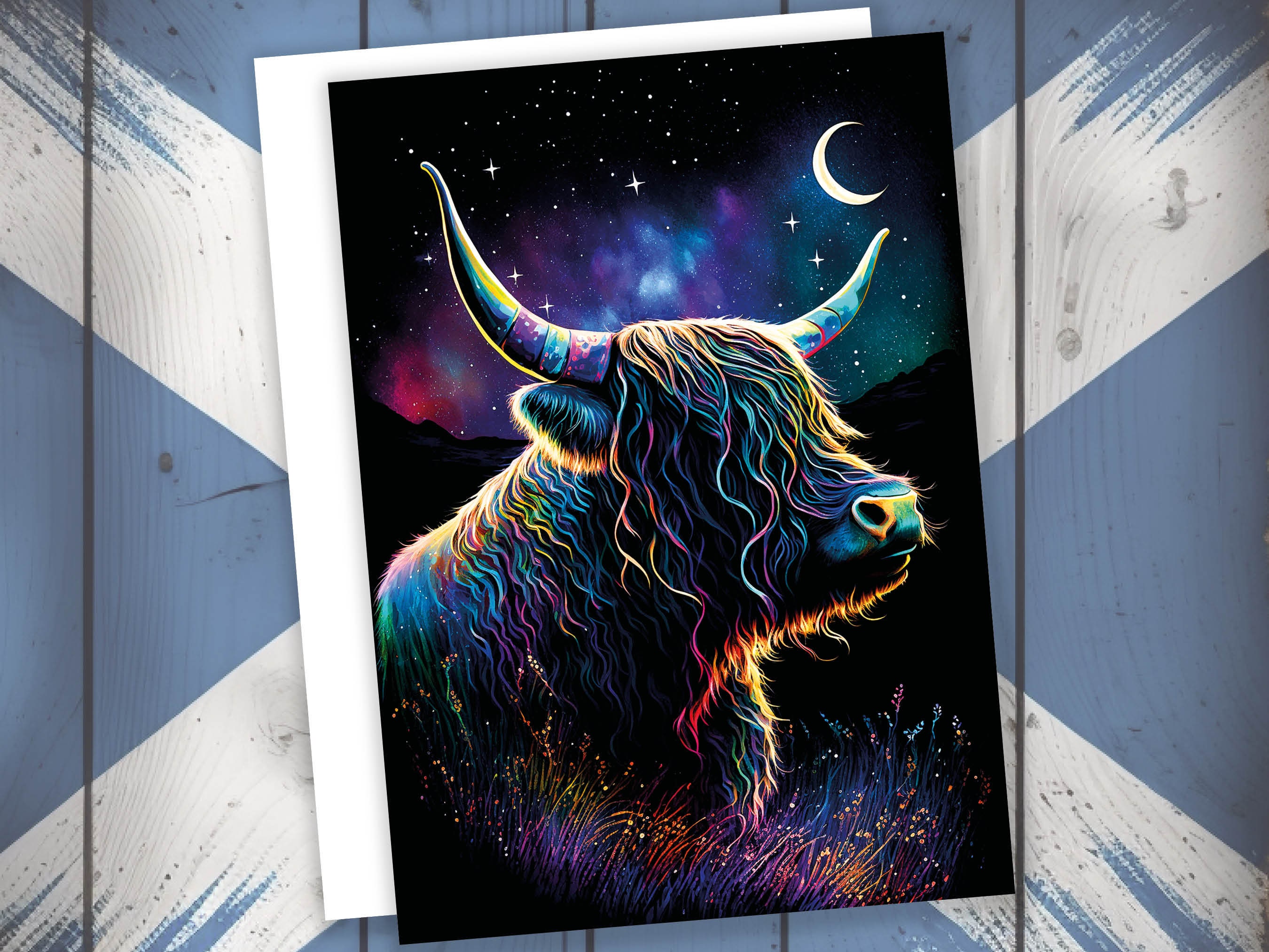 Whimsical Highland Cow Birthday Card Aurora Borealis Moon Stars Galaxy Celestial Night Sky Magical Scene Rainbow Colours Greeting Cards BFF - View 6