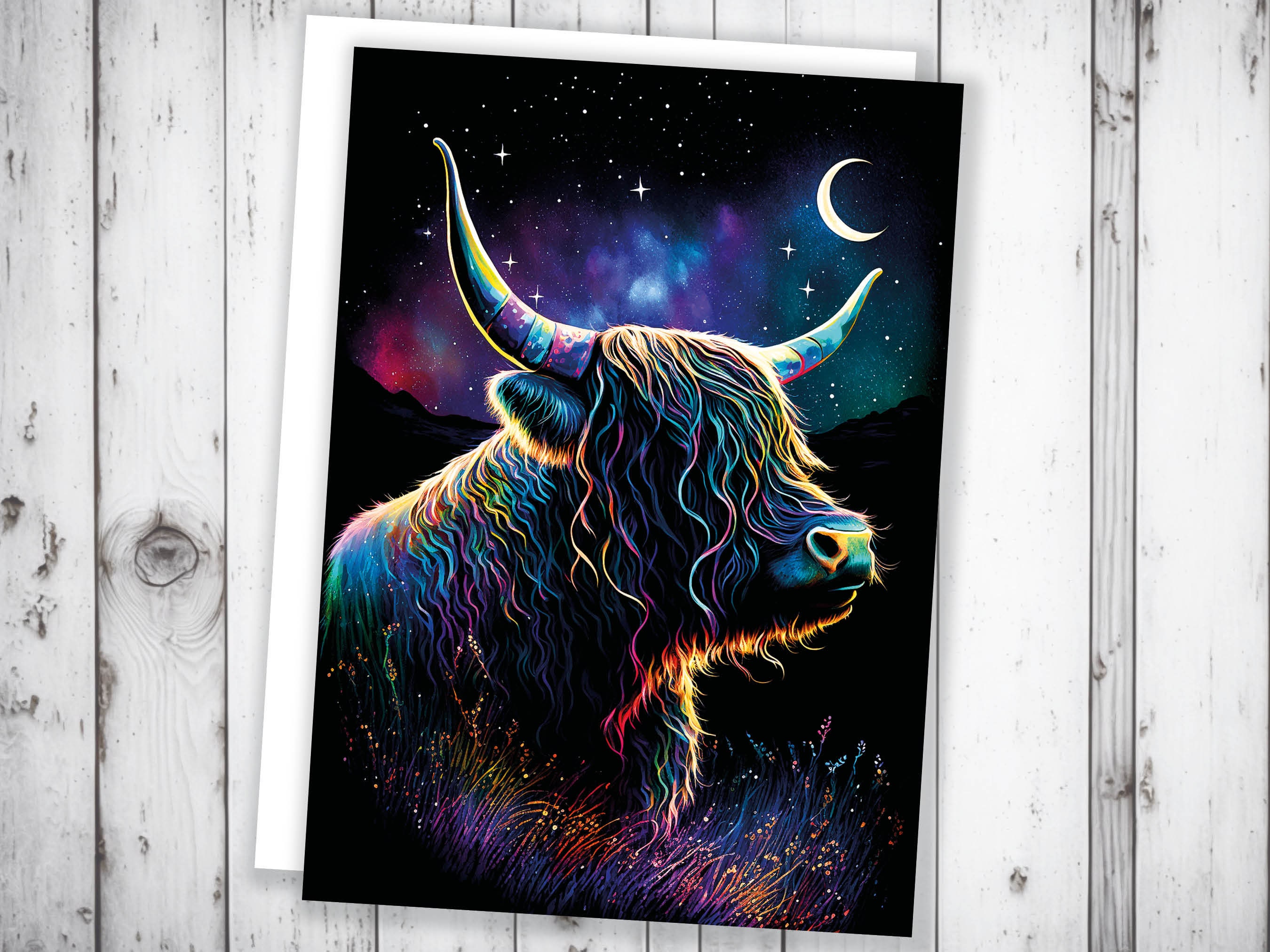 Whimsical Highland Cow Birthday Card Aurora Borealis Moon Stars Galaxy Celestial Night Sky Magical Scene Rainbow Colours Greeting Cards BFF - View 7