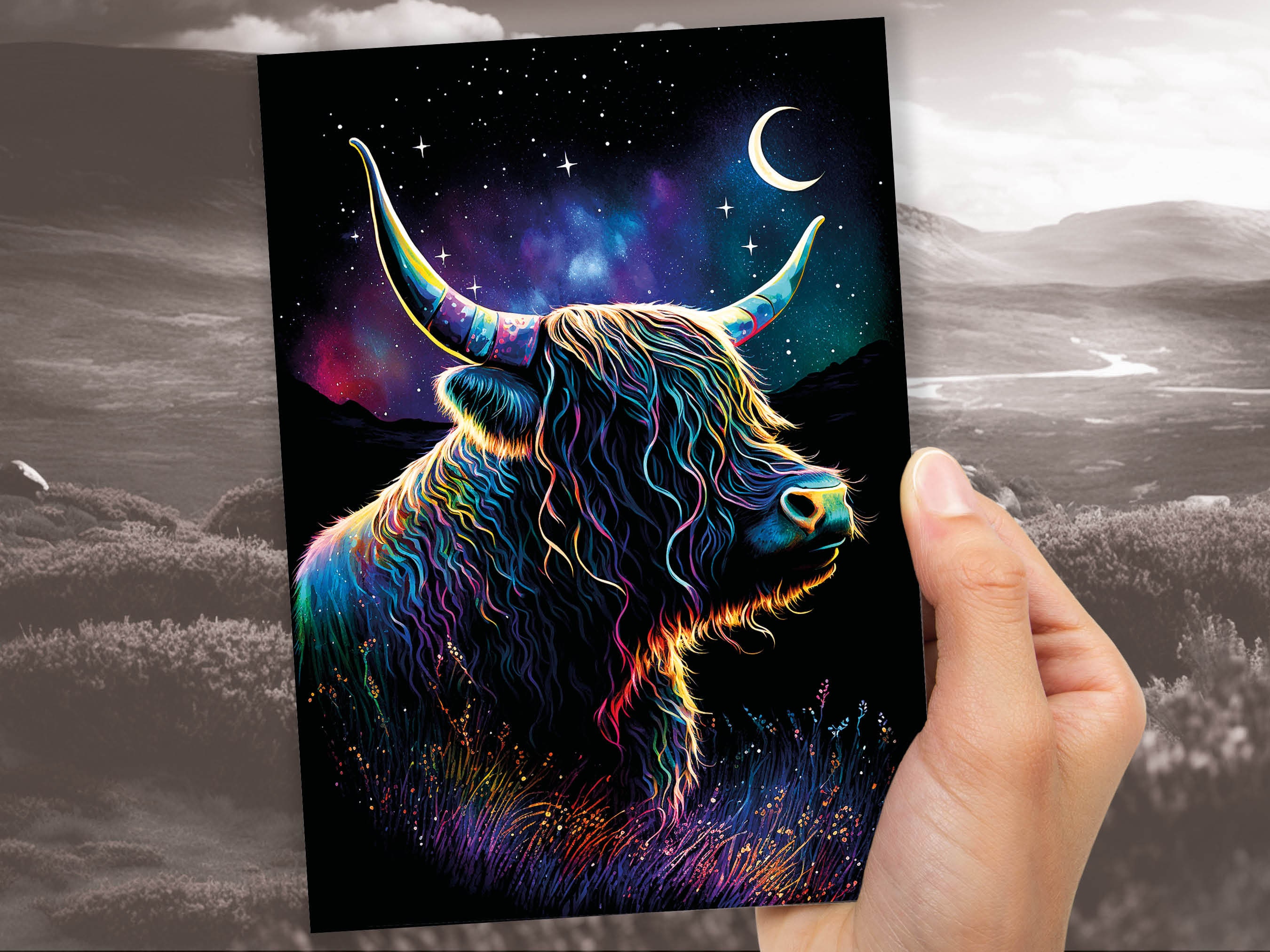 Whimsical Highland Cow Birthday Card Aurora Borealis Moon Stars Galaxy Celestial Night Sky Magical Scene Rainbow Colours Greeting Cards BFF - View 8