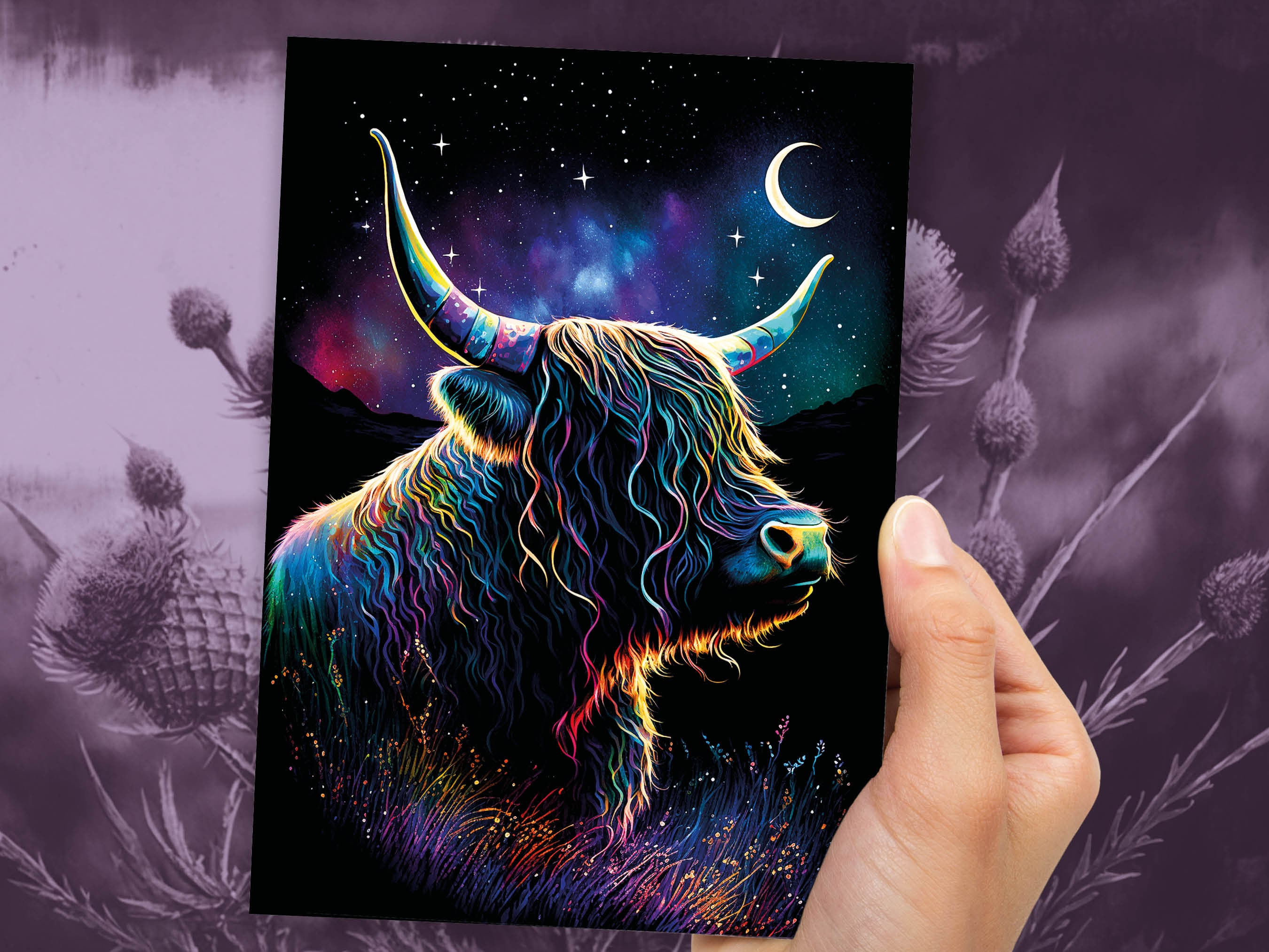 Whimsical Highland Cow Birthday Card Aurora Borealis Moon Stars Galaxy Celestial Night Sky Magical Scene Rainbow Colours Greeting Cards BFF - View 9