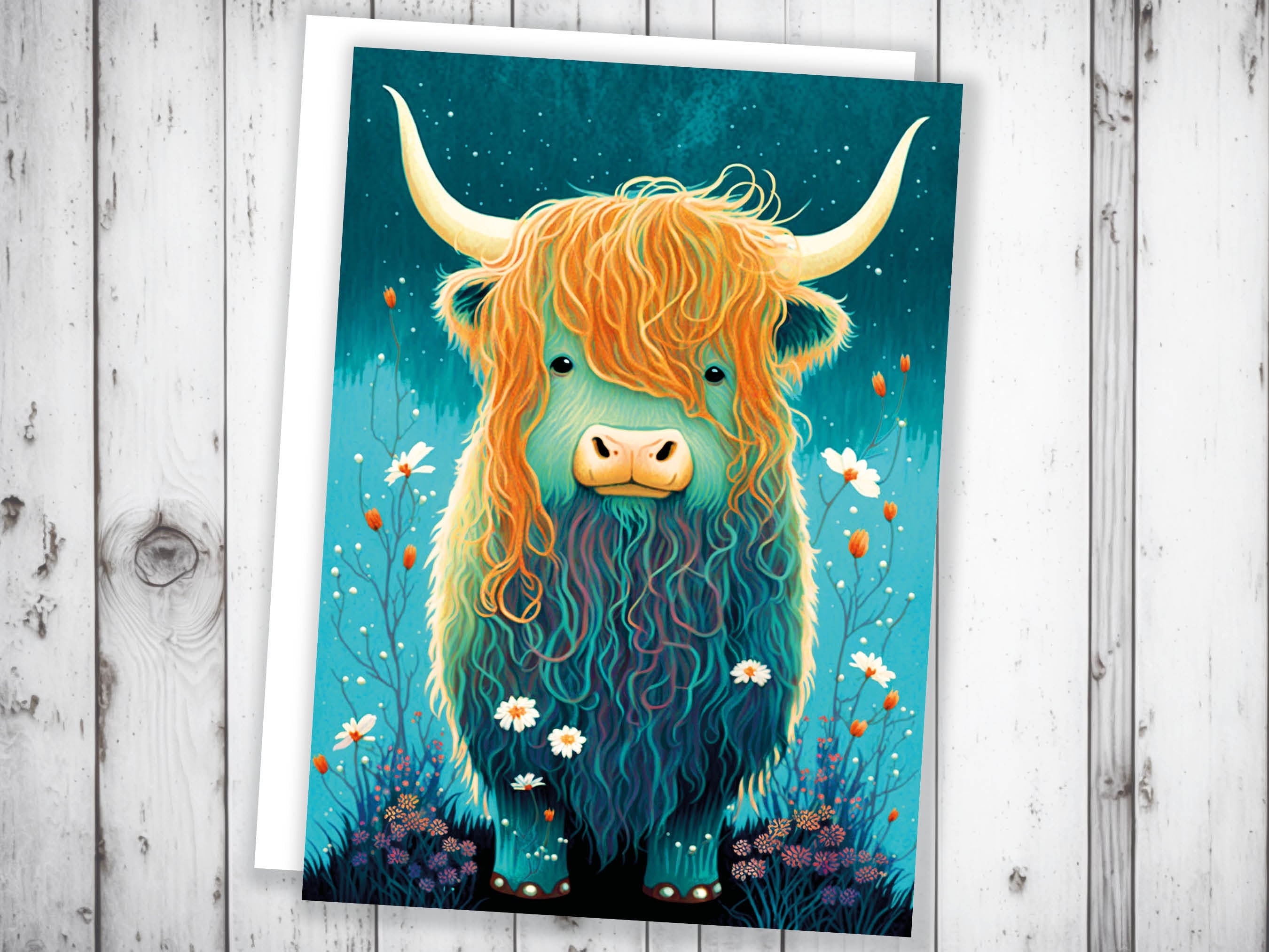 Cute Highland Cow Birthday Card Whimsical Scottish Cow Illustration Teal Blue Orange Wildflowers Daisy Animal Lover Nature Happy Mail Cards