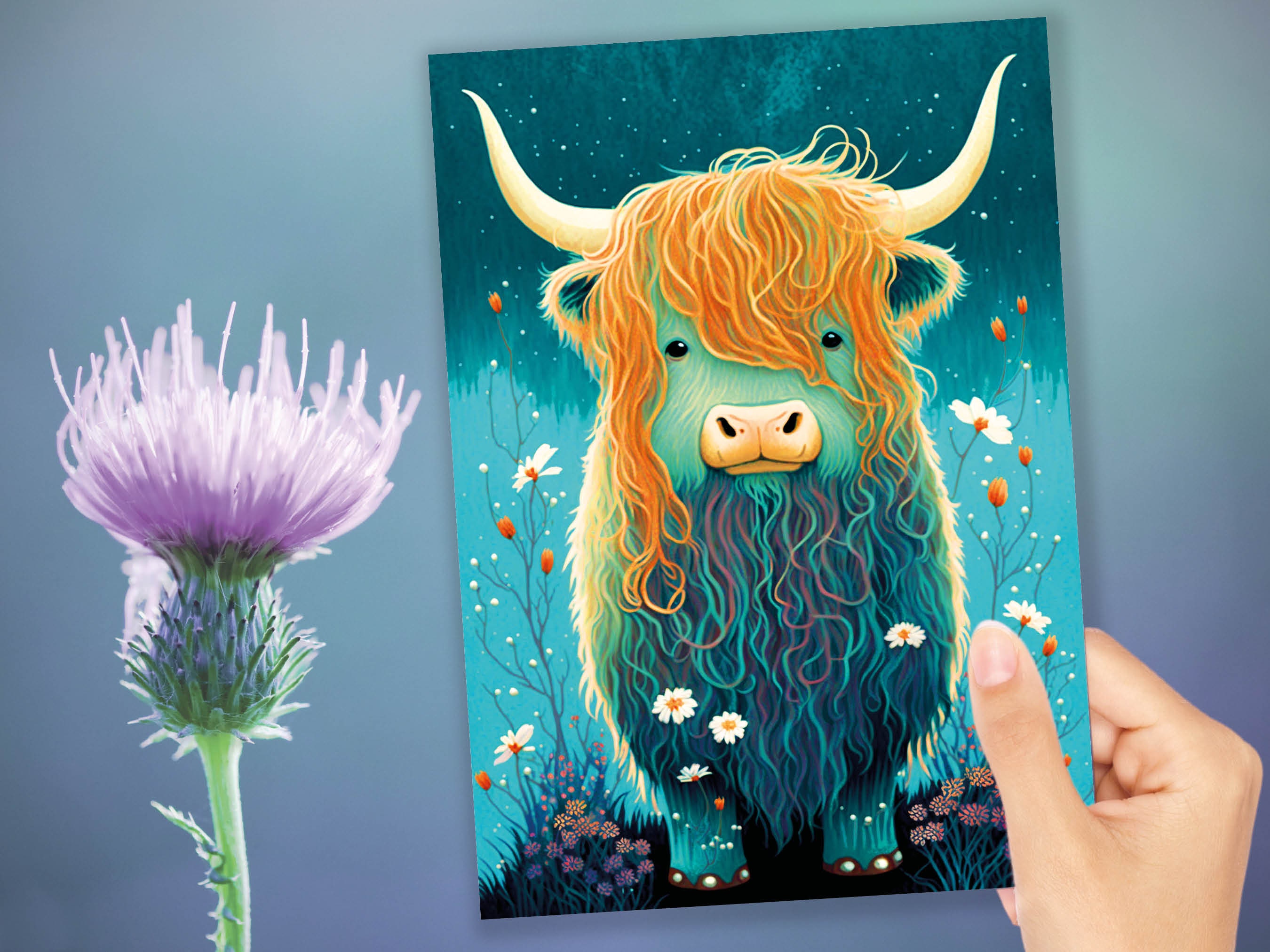 Cute Highland Cow Birthday Card Whimsical Scottish Cow Illustration Teal Blue Orange Wildflowers Daisy Animal Lover Nature Happy Mail Cards - View 2