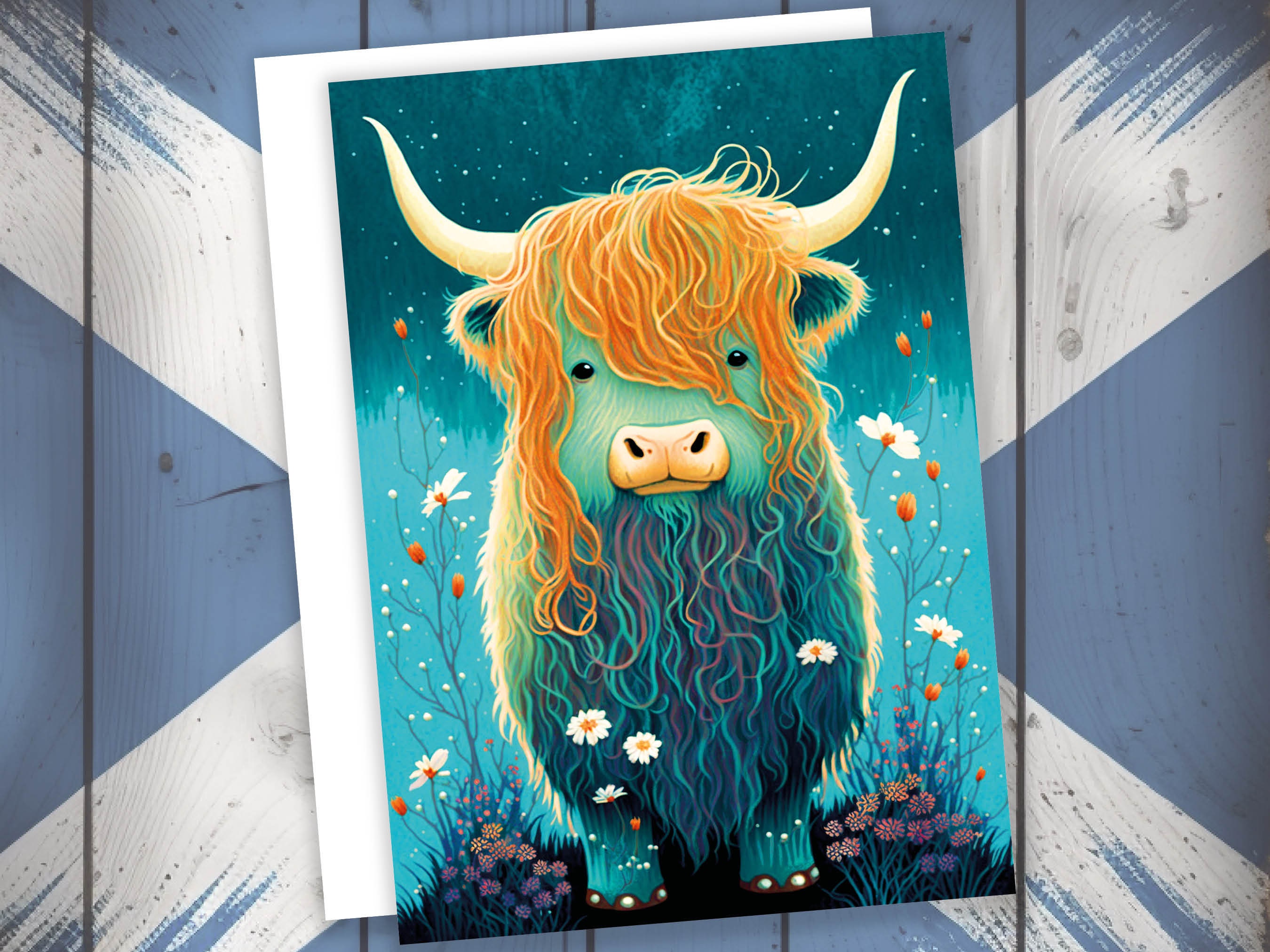 Cute Highland Cow Birthday Card Whimsical Scottish Cow Illustration Teal Blue Orange Wildflowers Daisy Animal Lover Nature Happy Mail Cards - View 3