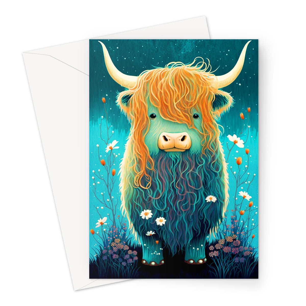 Cute Highland Cow Birthday Card Whimsical Scottish Cow Illustration Teal Blue Orange Wildflowers Daisy Animal Lover Nature Happy Mail Cards - View 4