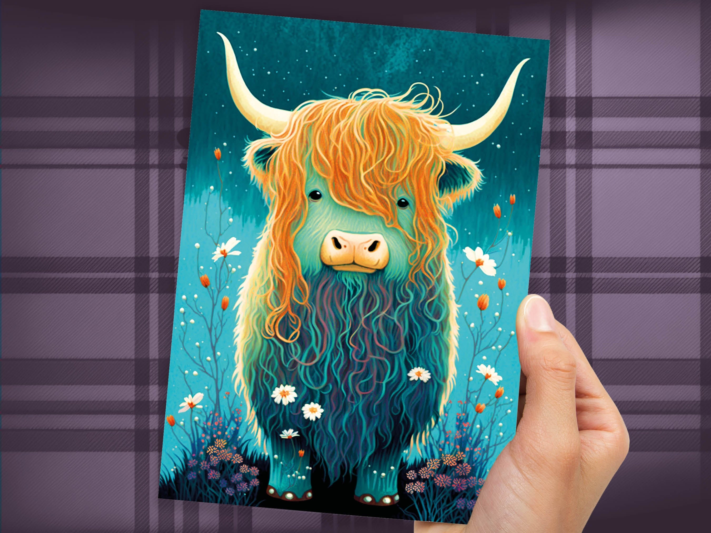 Cute Highland Cow Birthday Card Whimsical Scottish Cow Illustration Teal Blue Orange Wildflowers Daisy Animal Lover Nature Happy Mail Cards - View 5