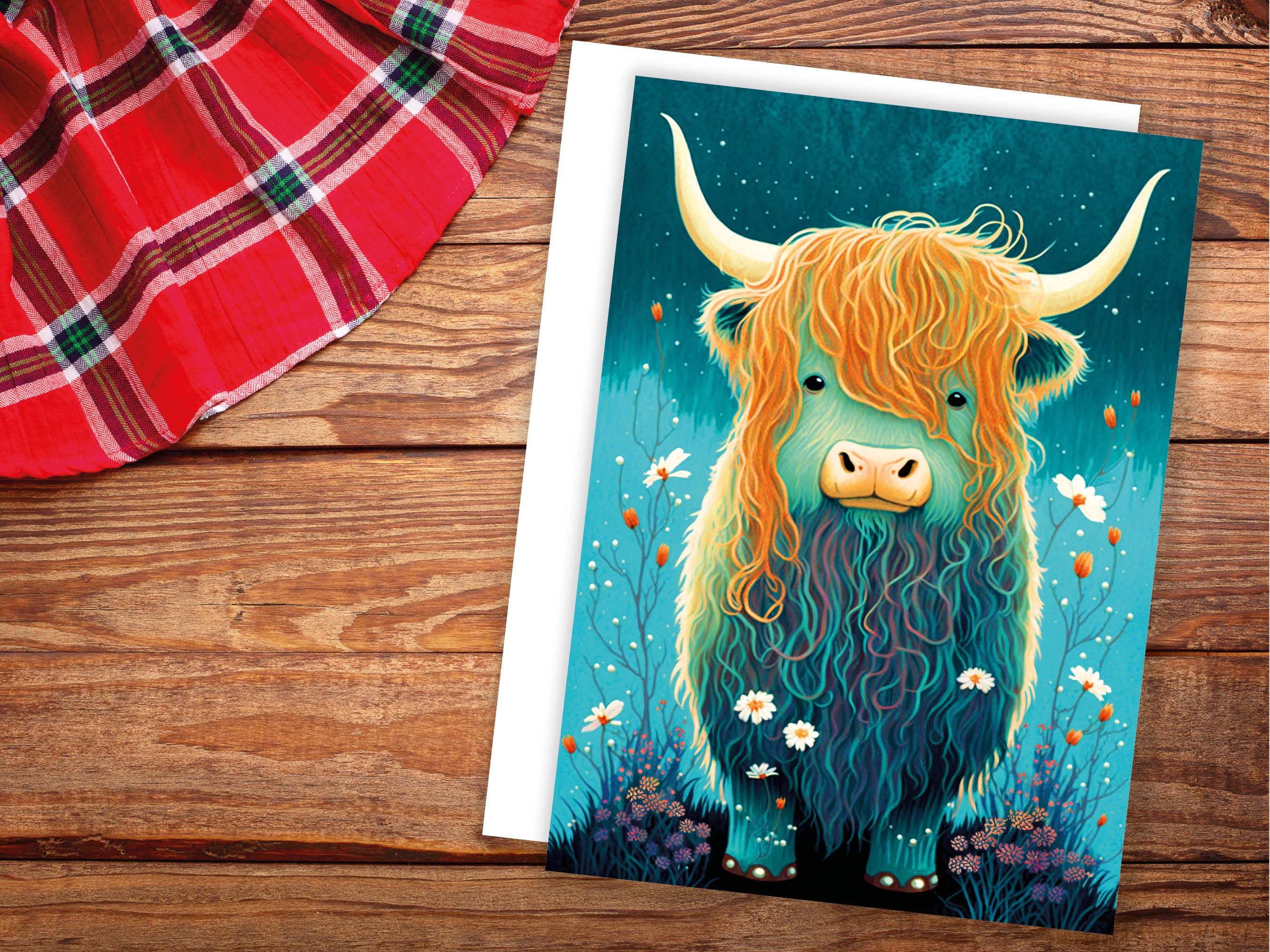 Cute Highland Cow Birthday Card Whimsical Scottish Cow Illustration Teal Blue Orange Wildflowers Daisy Animal Lover Nature Happy Mail Cards - View 6