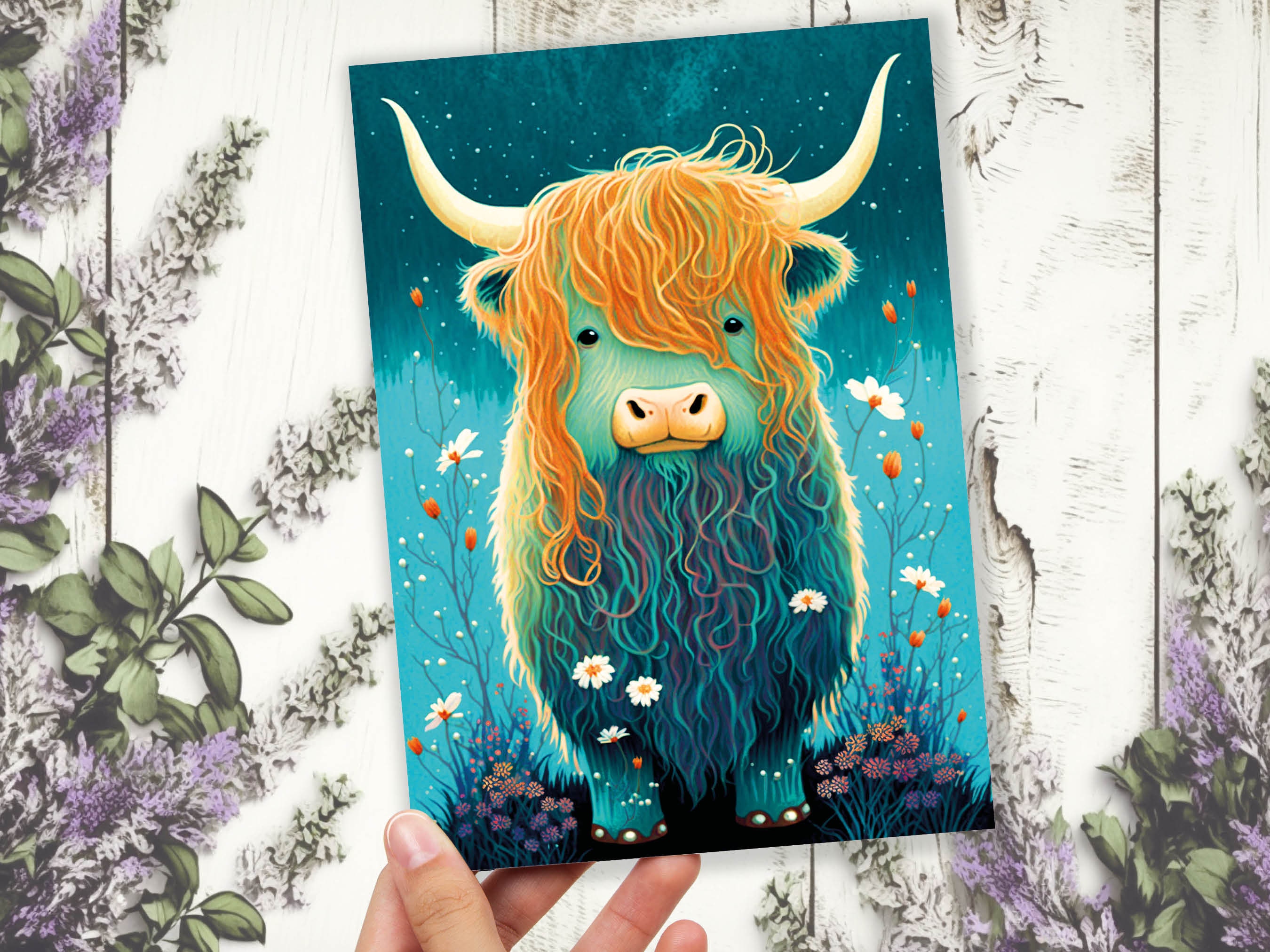 Cute Highland Cow Birthday Card Whimsical Scottish Cow Illustration Teal Blue Orange Wildflowers Daisy Animal Lover Nature Happy Mail Cards - View 7