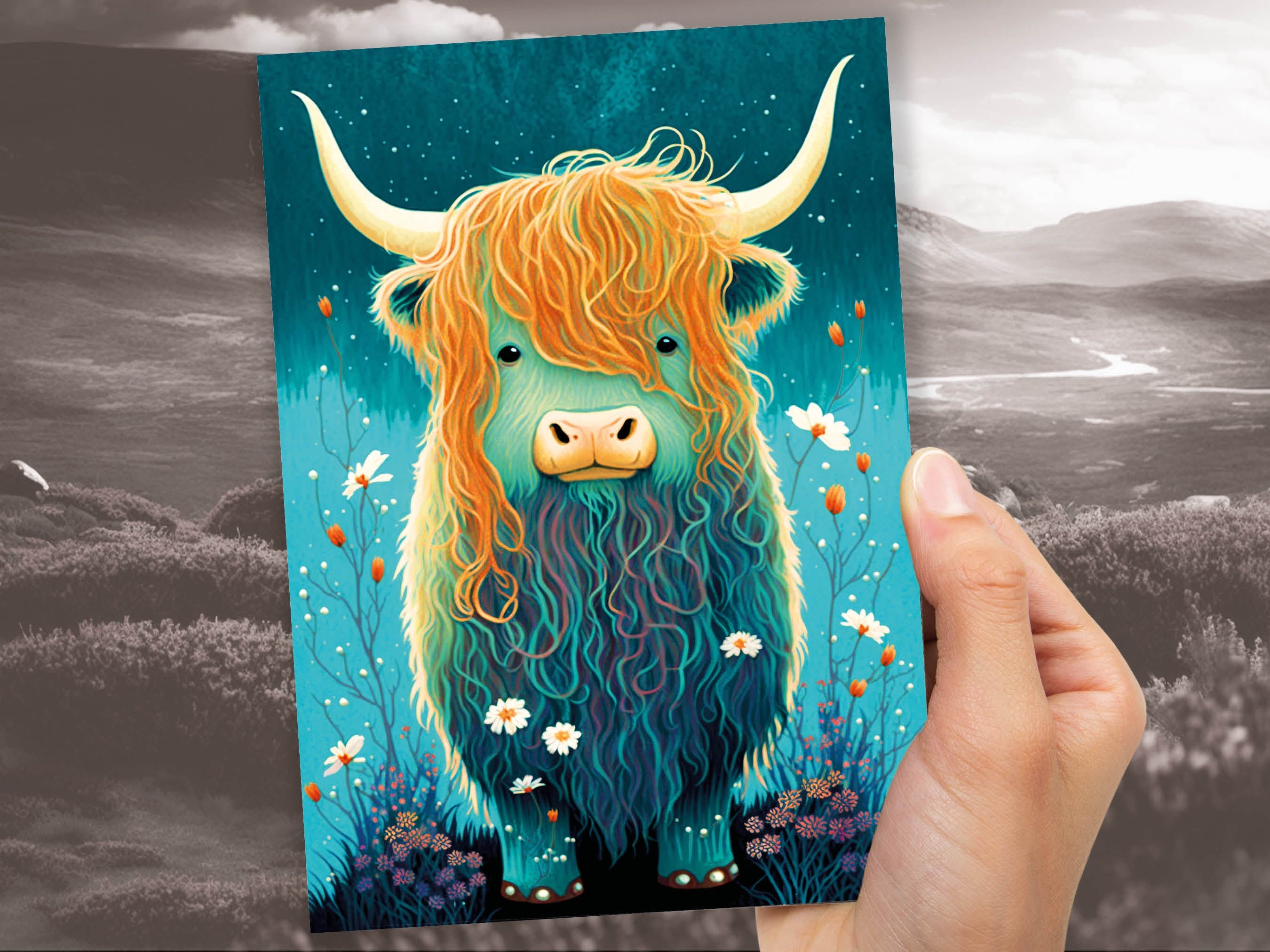 Cute Highland Cow Birthday Card Whimsical Scottish Cow Illustration Teal Blue Orange Wildflowers Daisy Animal Lover Nature Happy Mail Cards - View 8