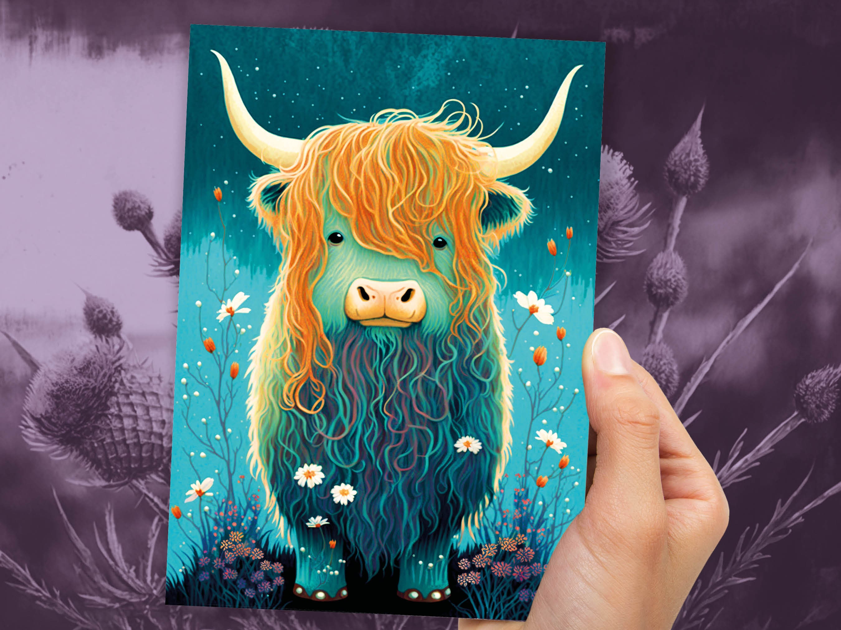 Cute Highland Cow Birthday Card Whimsical Scottish Cow Illustration Teal Blue Orange Wildflowers Daisy Animal Lover Nature Happy Mail Cards - View 9