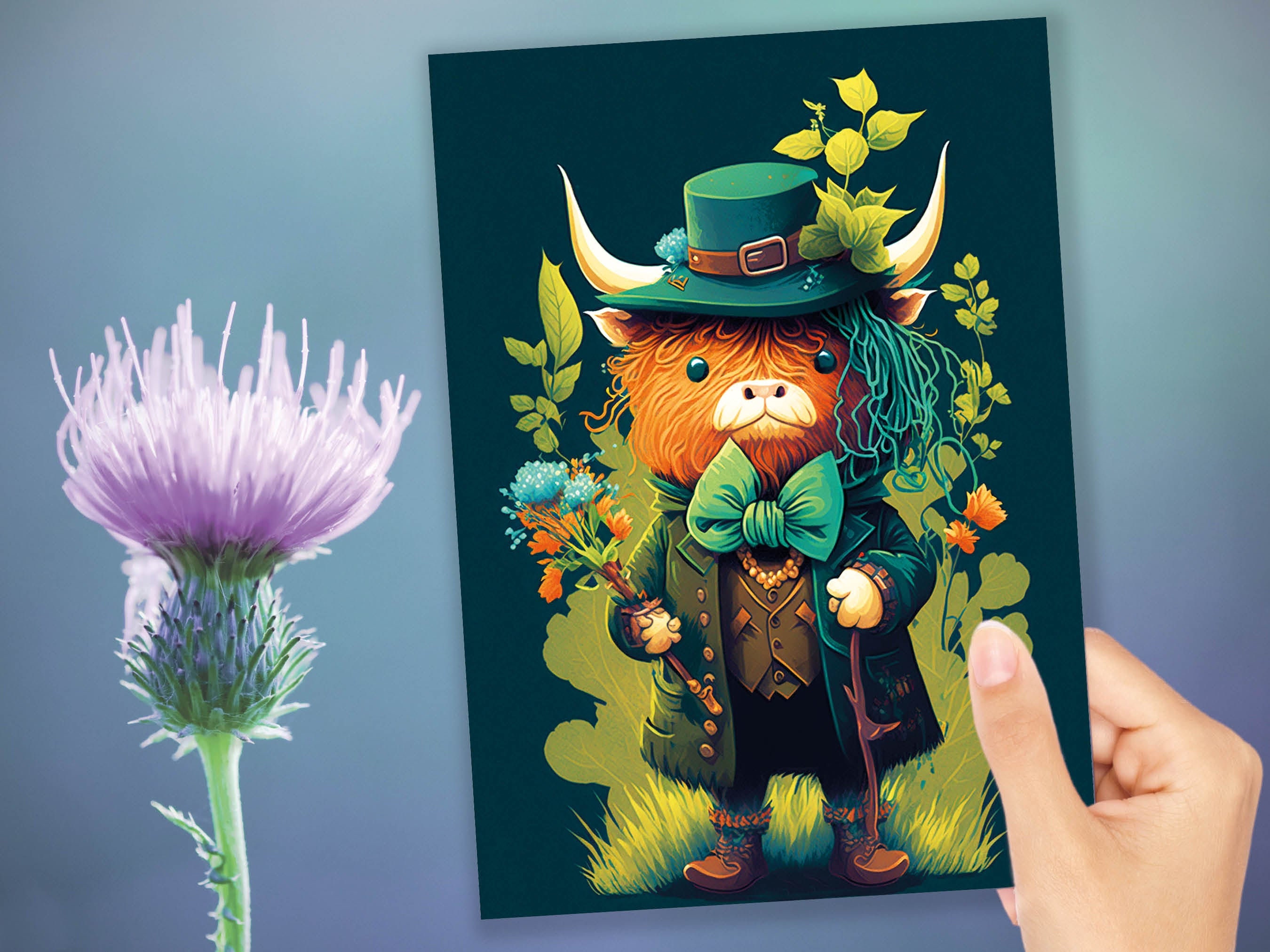 Scottish Leprechaun Highland Cow Card Luck of the Irish Green Suit Bouquet Flowers Fun Animal Humorous Birthday St. Patrick's Day Thanks BFF - View 10