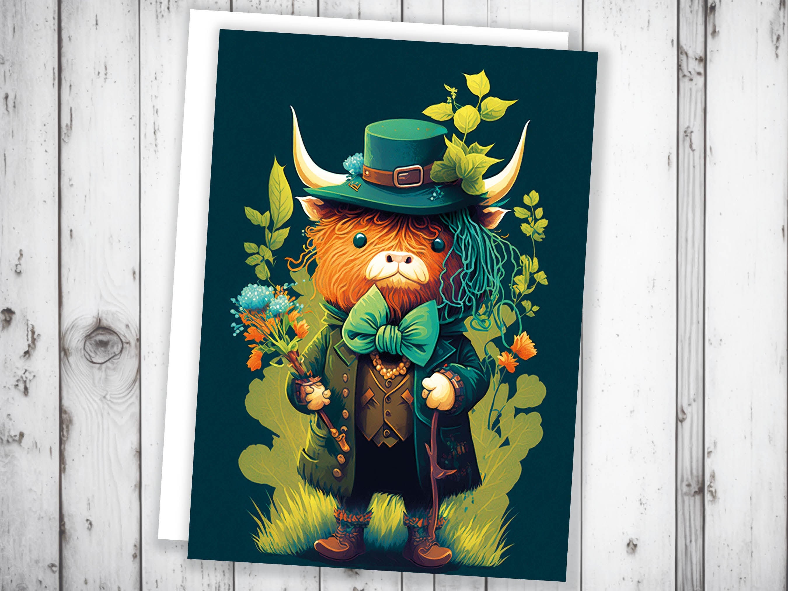 Scottish Leprechaun Highland Cow Card Luck of the Irish Green Suit Bouquet Flowers Fun Animal Humorous Birthday St. Patrick's Day Thanks BFF