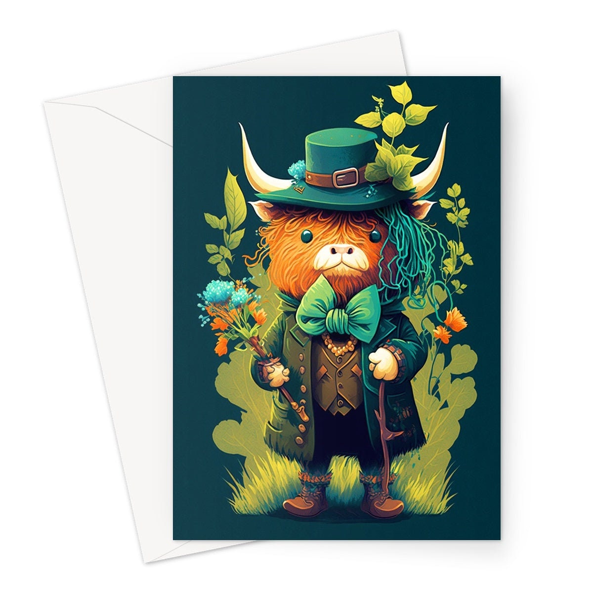 Scottish Leprechaun Highland Cow Card Luck of the Irish Green Suit Bouquet Flowers Fun Animal Humorous Birthday St. Patrick's Day Thanks BFF - View 2