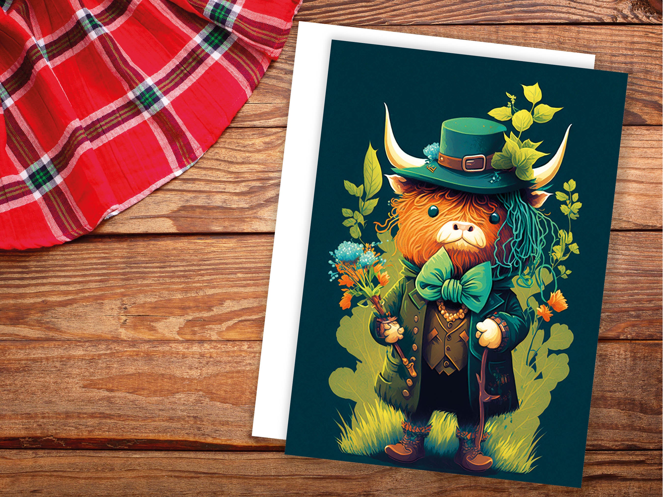 Scottish Leprechaun Highland Cow Card Luck of the Irish Green Suit Bouquet Flowers Fun Animal Humorous Birthday St. Patrick's Day Thanks BFF - View 4