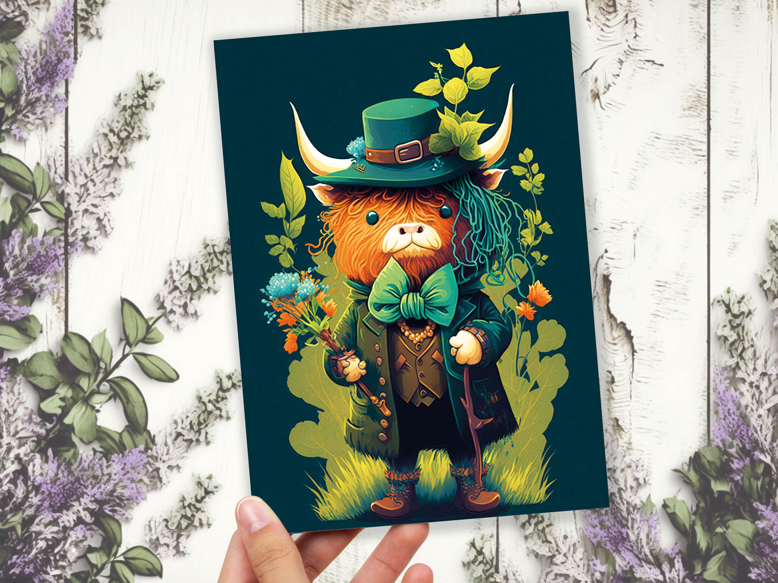 Scottish Leprechaun Highland Cow Card Luck of the Irish Green Suit Bouquet Flowers Fun Animal Humorous Birthday St. Patrick's Day Thanks BFF - View 5