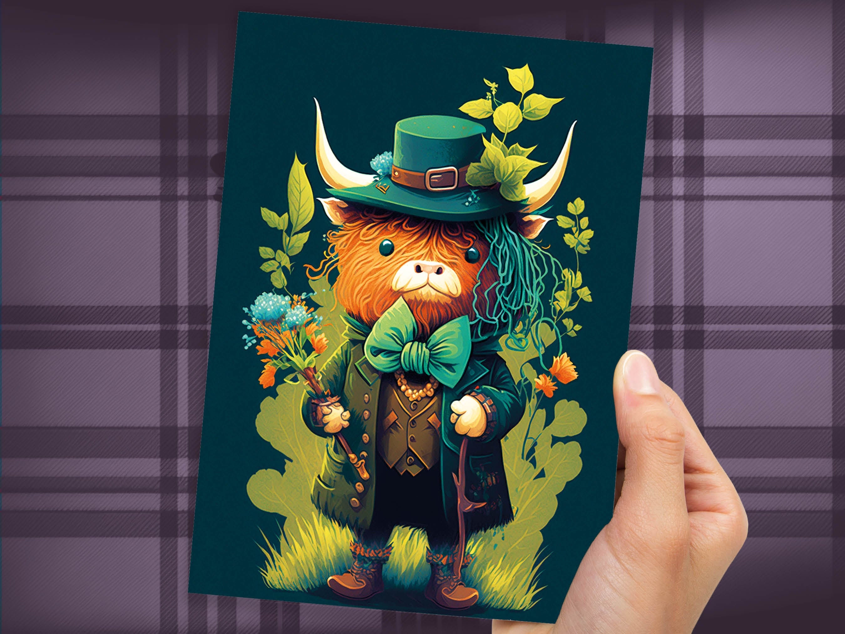 Scottish Leprechaun Highland Cow Card Luck of the Irish Green Suit Bouquet Flowers Fun Animal Humorous Birthday St. Patrick's Day Thanks BFF - View 6