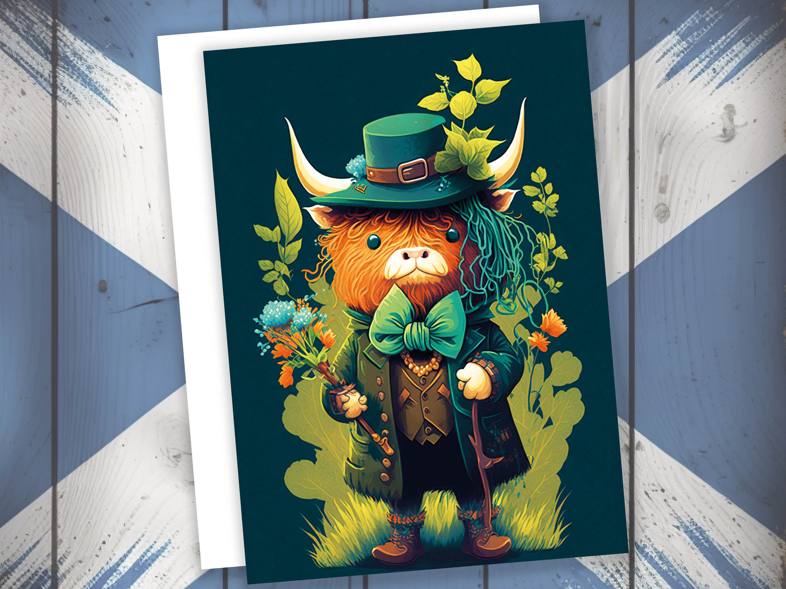 Scottish Leprechaun Highland Cow Card Luck of the Irish Green Suit Bouquet Flowers Fun Animal Humorous Birthday St. Patrick's Day Thanks BFF - View 7