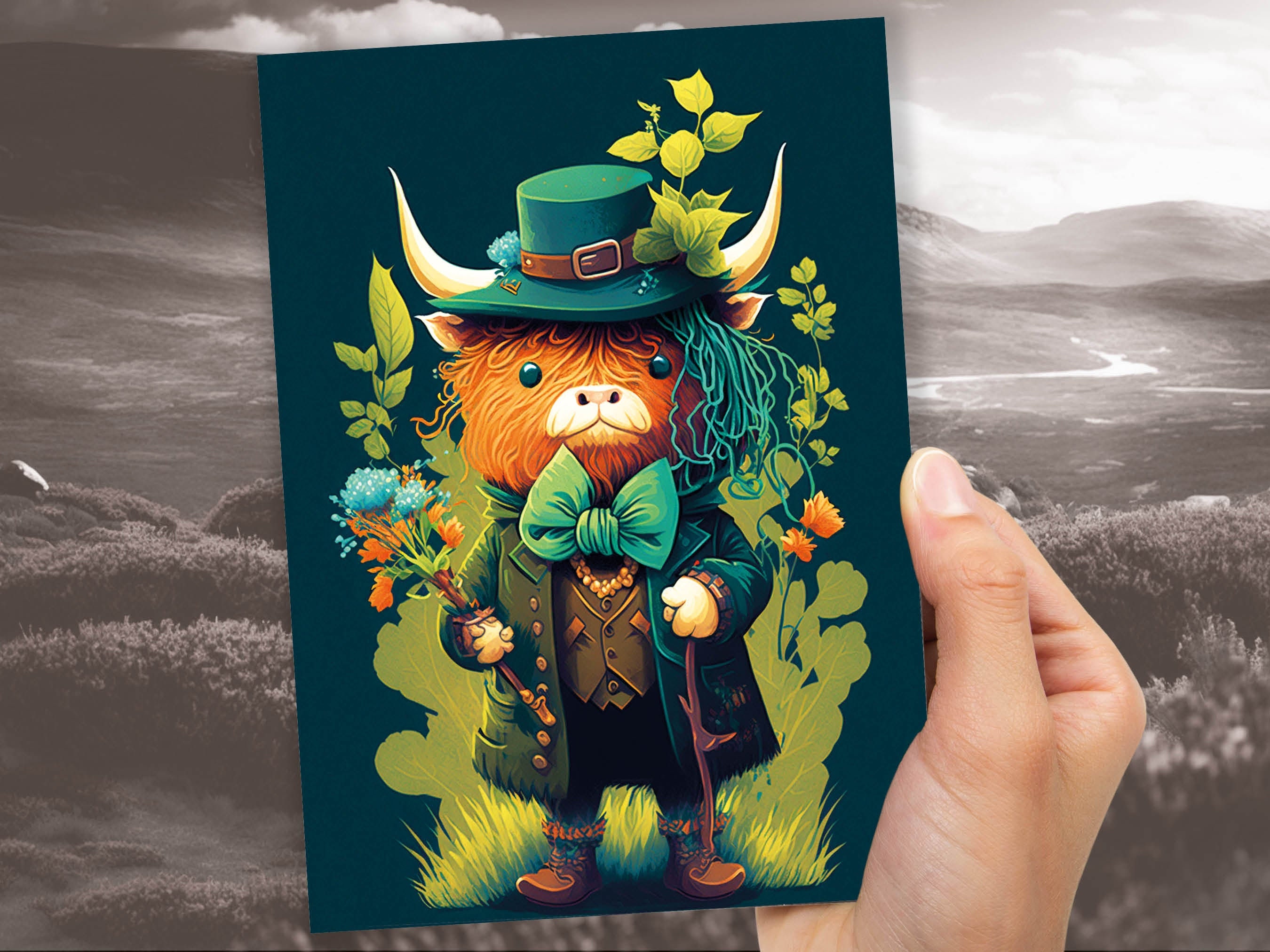 Scottish Leprechaun Highland Cow Card Luck of the Irish Green Suit Bouquet Flowers Fun Animal Humorous Birthday St. Patrick's Day Thanks BFF - View 8